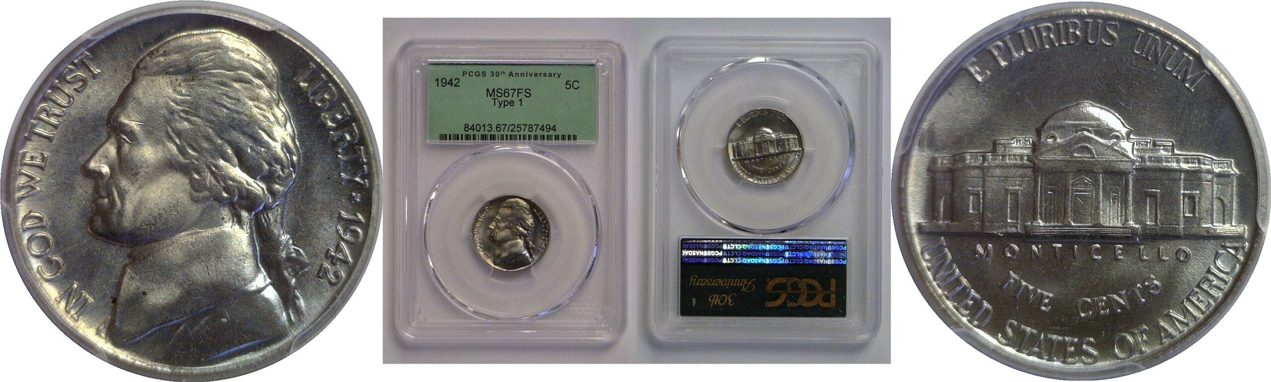 1942 Type-1  Jefferson Nickel   PCGS MS-67 FS