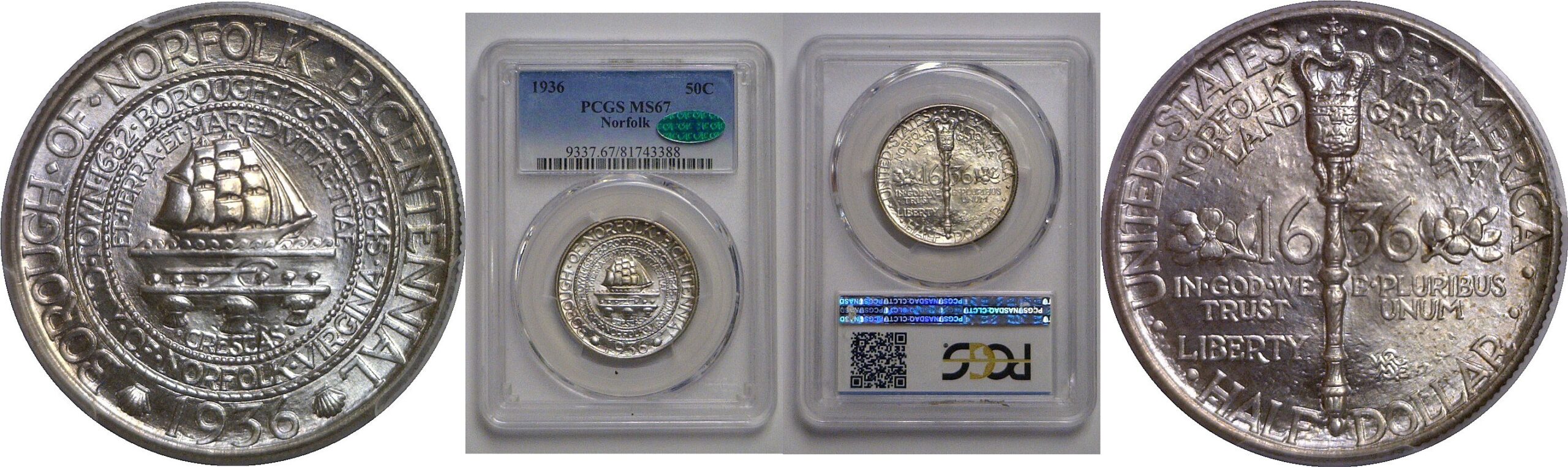 1936 Norfolk Commemorative Half Dollar   PCGS MS-67  CAC