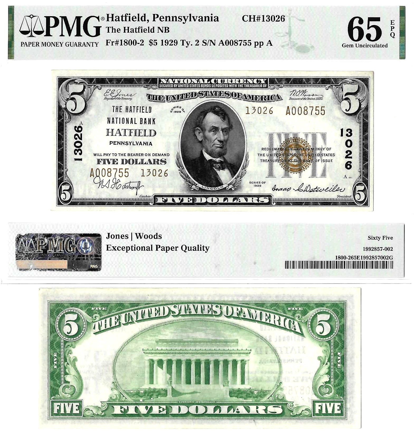 1929 $5 Hatfield, Pennsylvania PMG Gem CU-65 EPQ Charter 13026