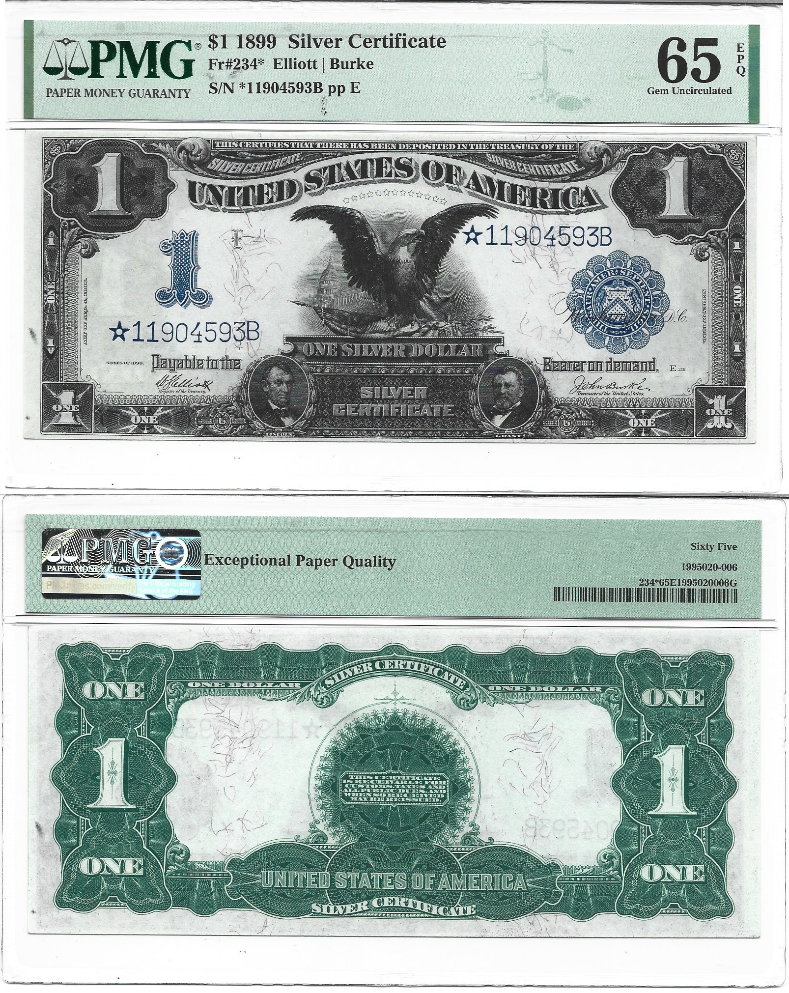 1899 $1 Silver Certificate Star Note Fr-234* PMG Gem CU-65 EPQ