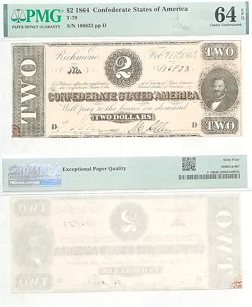 1864 $2 Confederate Note T-70 PMG Choice CU-64 EPQ