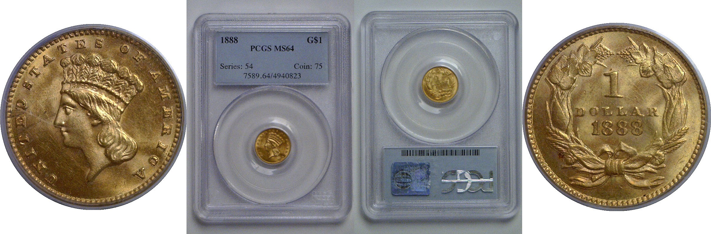 1888 One Dollar Gold Coin   PCGS MS-64