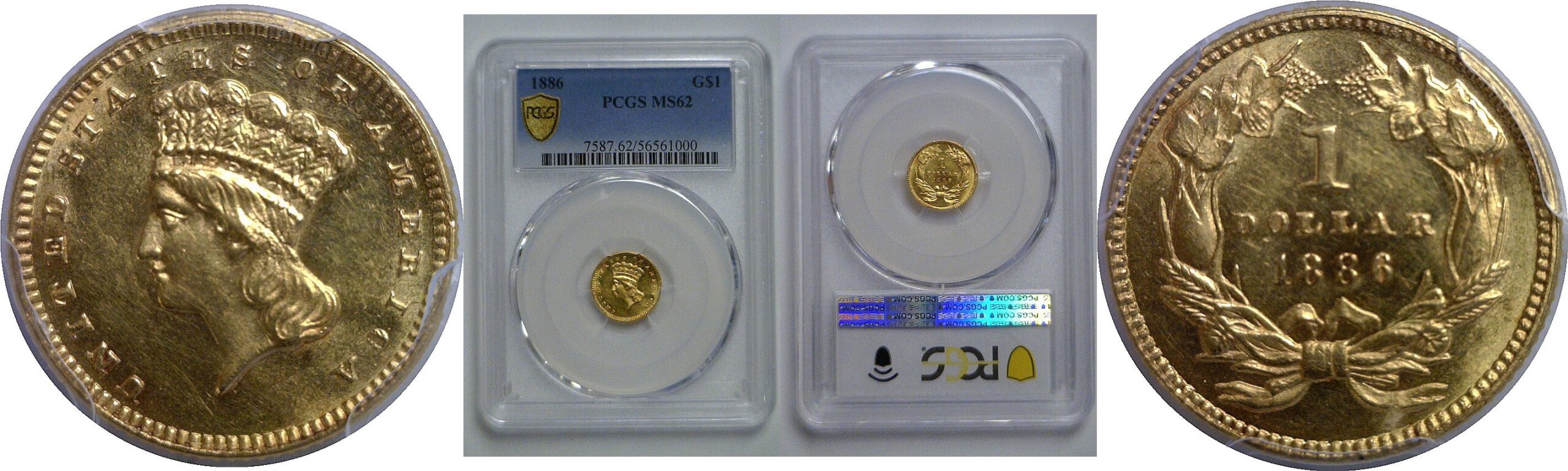 1886 One Dollar Gold Coin   PCGS MS-62