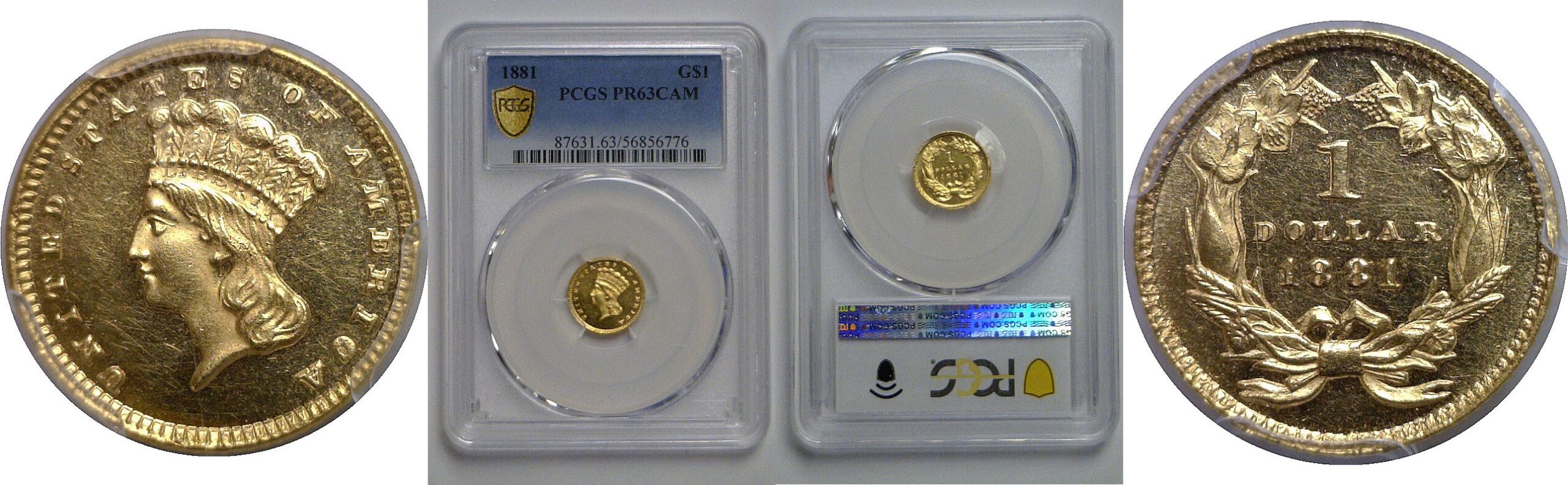 1881 One Dollar Gold Coin   PCGS PR-63 CAM