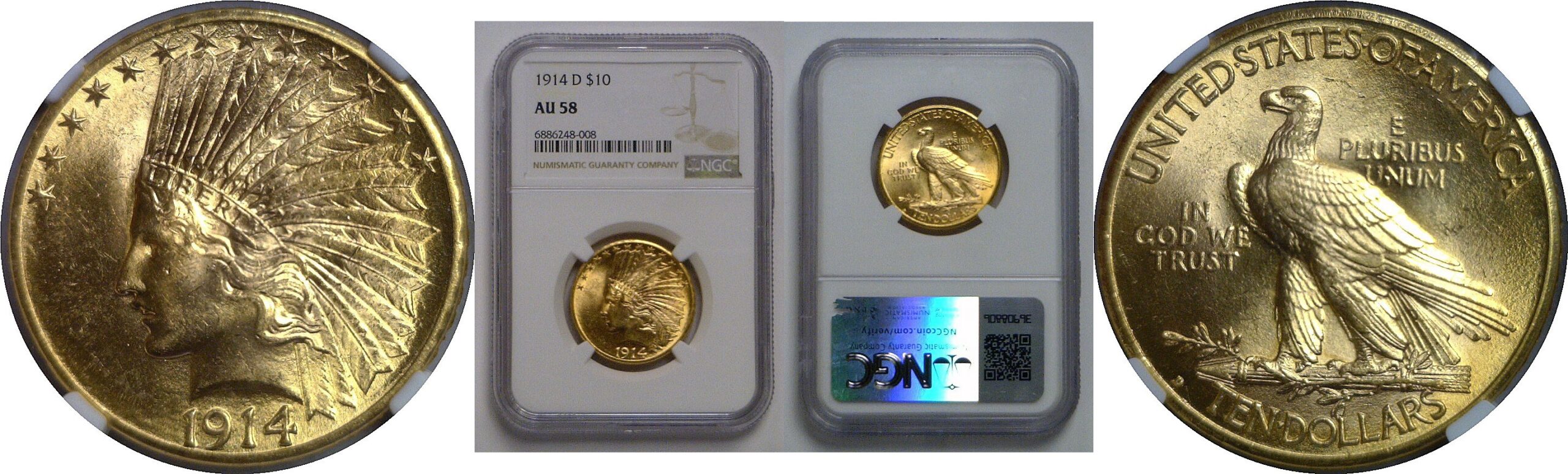 1914-D $10 Indian   NGC AU-58