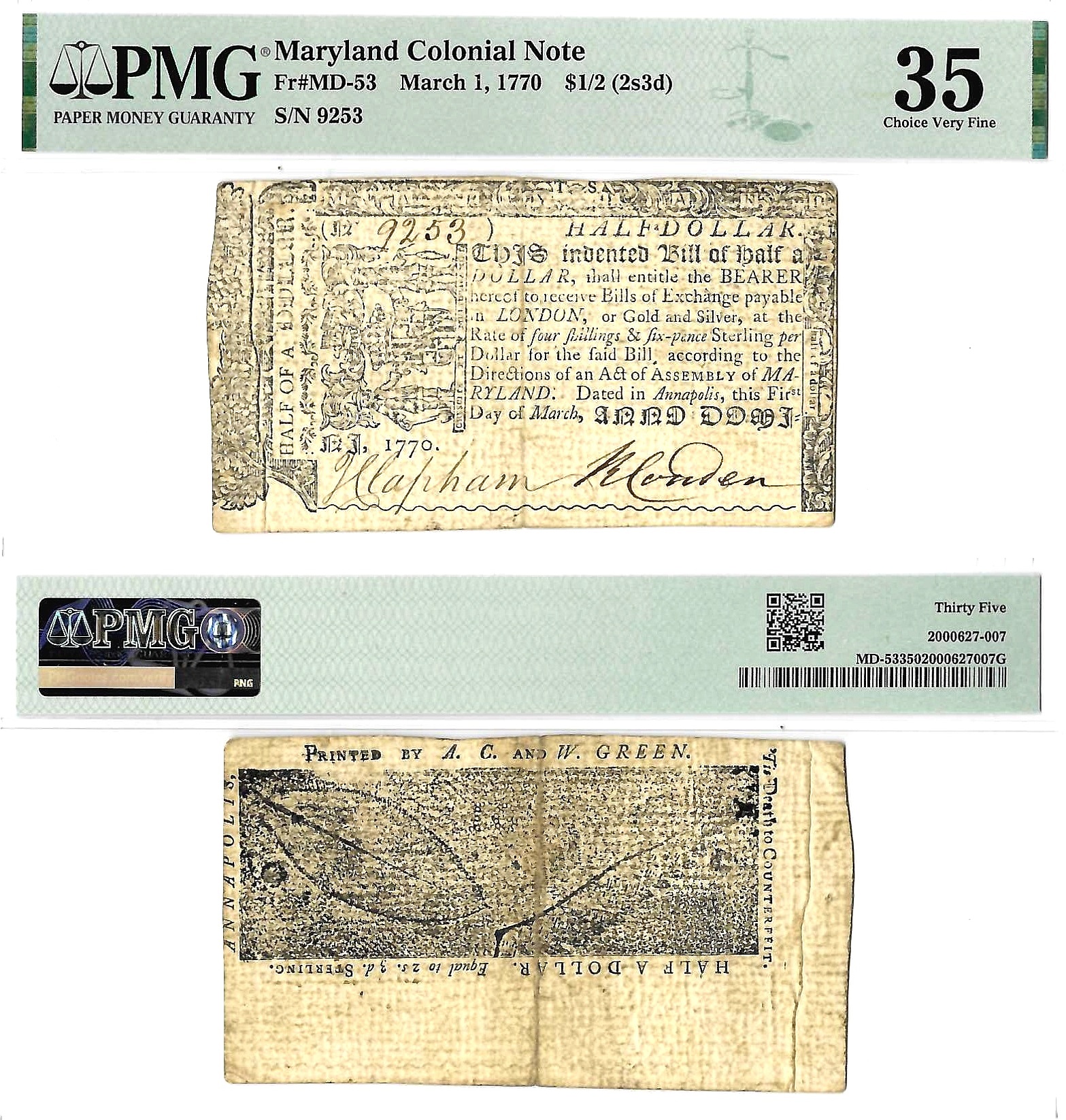 March 1, 1770 1/2 Dollar Maryland Colonial Fr MD-53 PMG VF-35