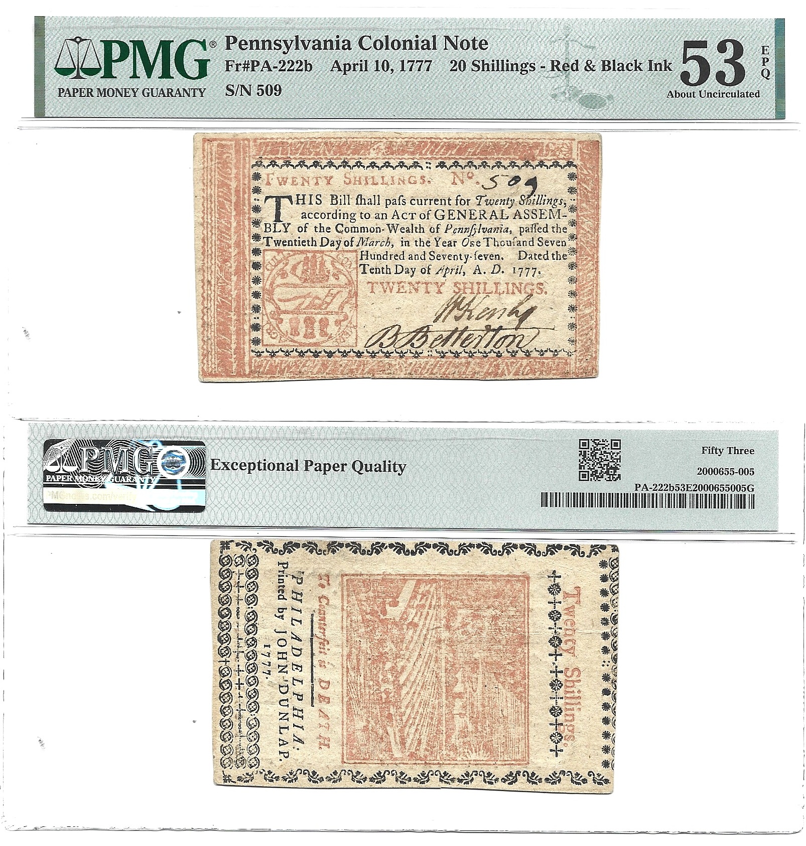April 10, 1777 Twenty Shillings Pennsylvania Colonial Fr PA-222b PMG AU-53 EPQ