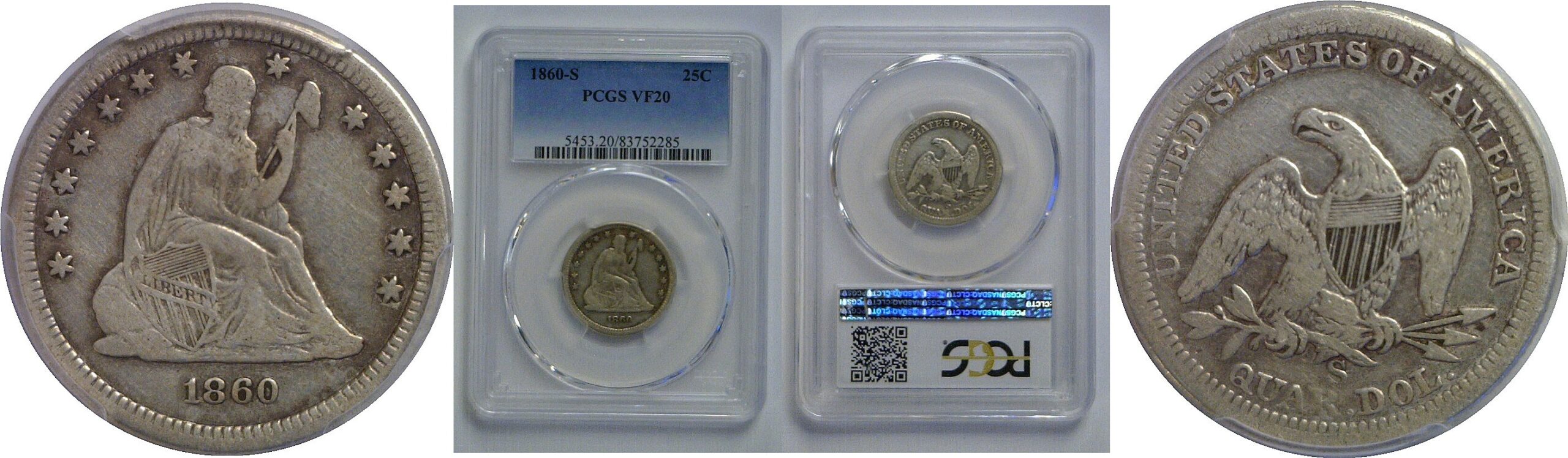1860-S Seated Liberty Quarter   PCGS VF-20