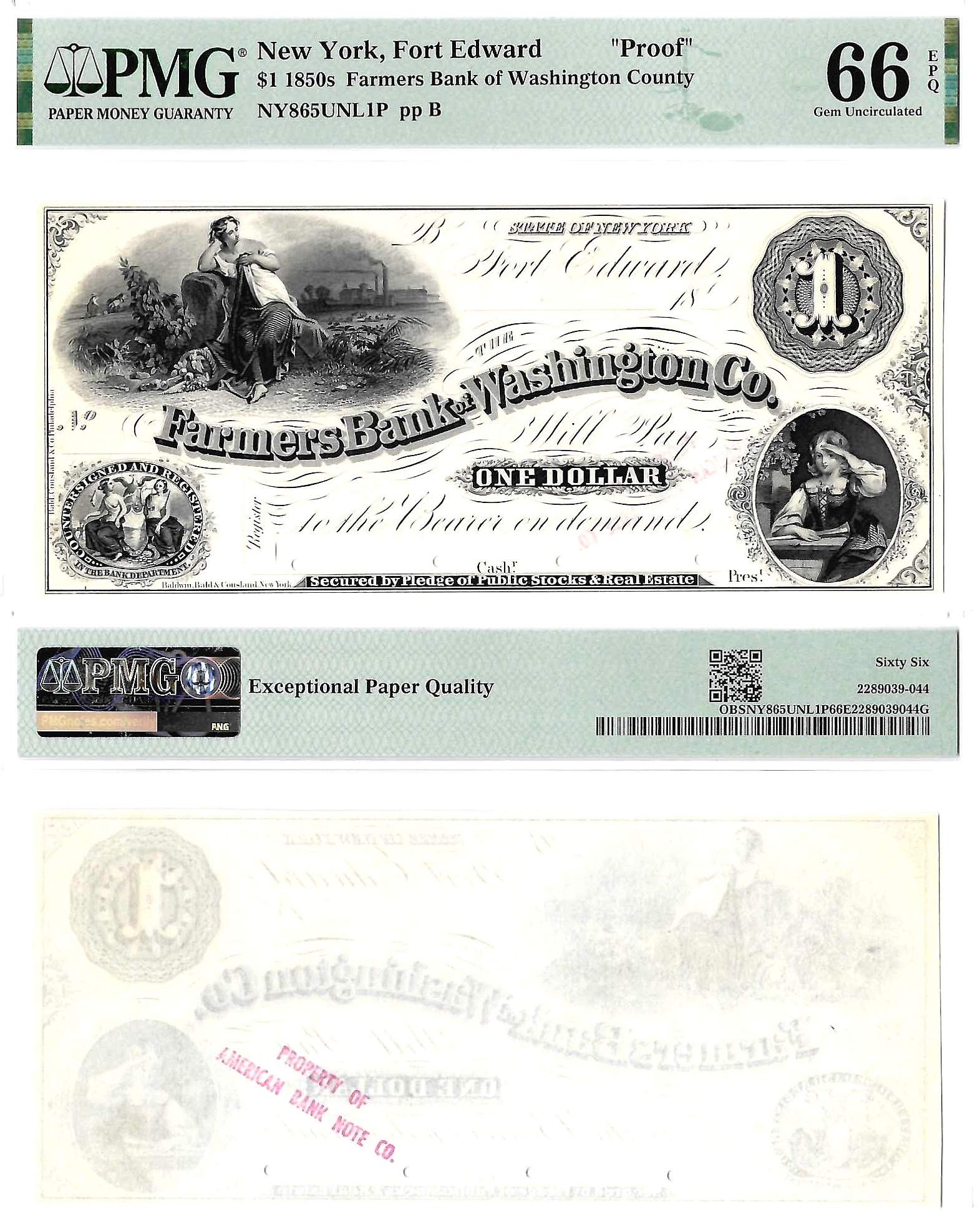 1850’s $1 Obsolete Fort Edward, New York Proof PMG Gem CU-66 EPQ