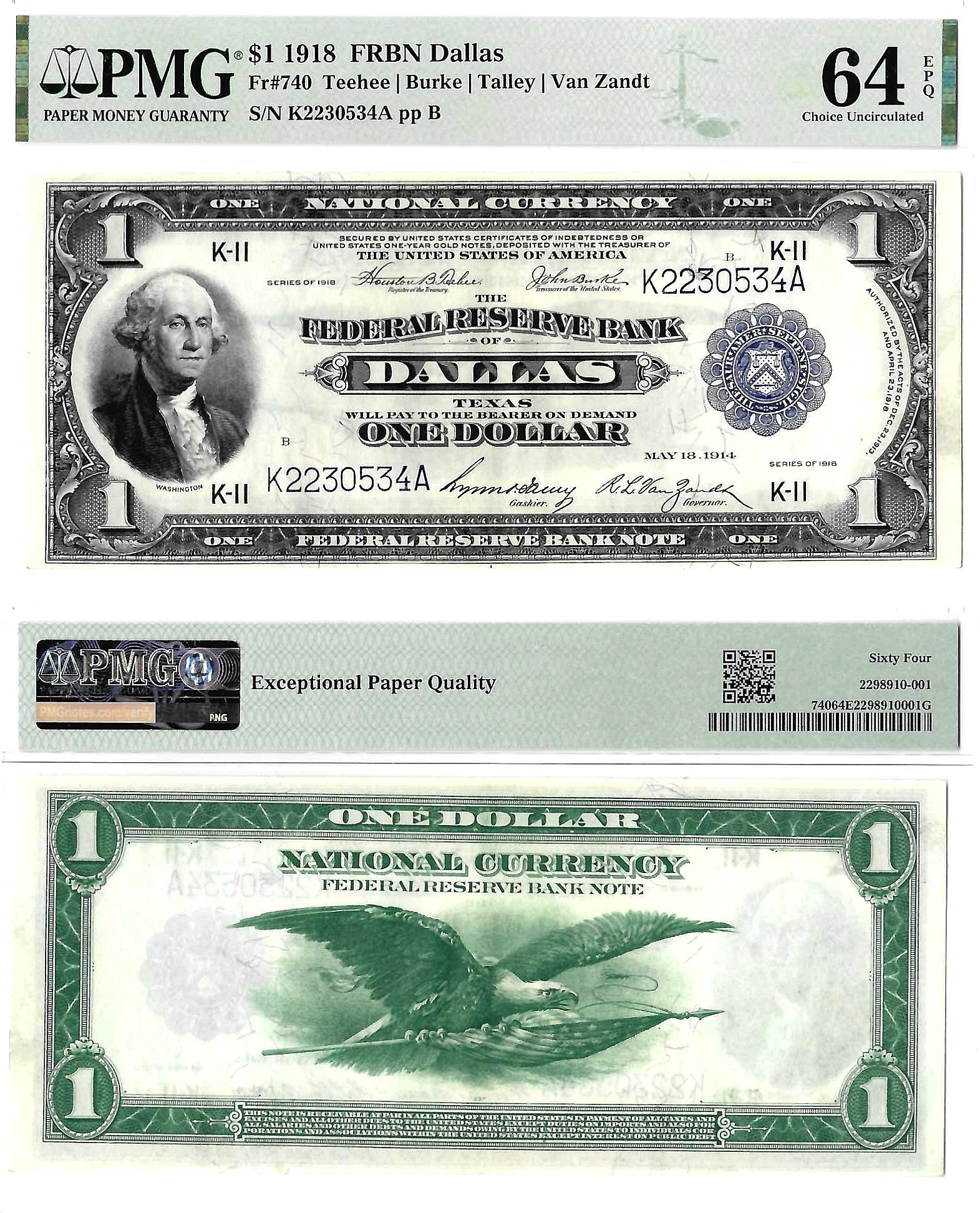 1918 $1 Federal Reserve Bank Note Fr-740 PMG Choice CU-64 EPQ