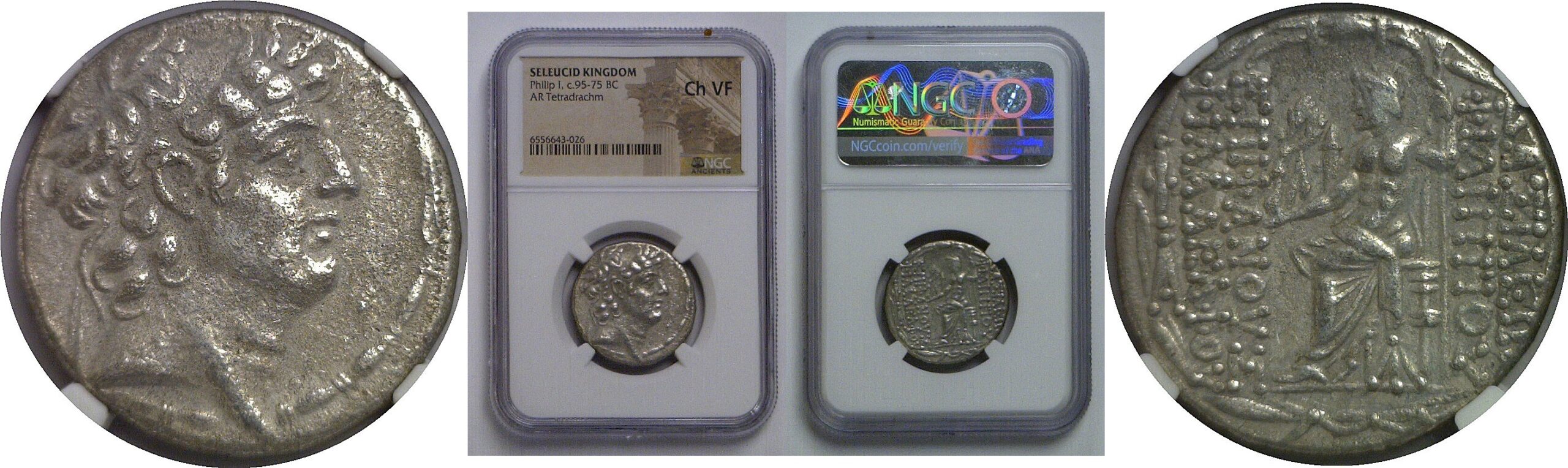 c 95-75 BC Greek Seleucid Kingdom Silver Tetradrachm NGC Ch VF Philip I Philadelphos
