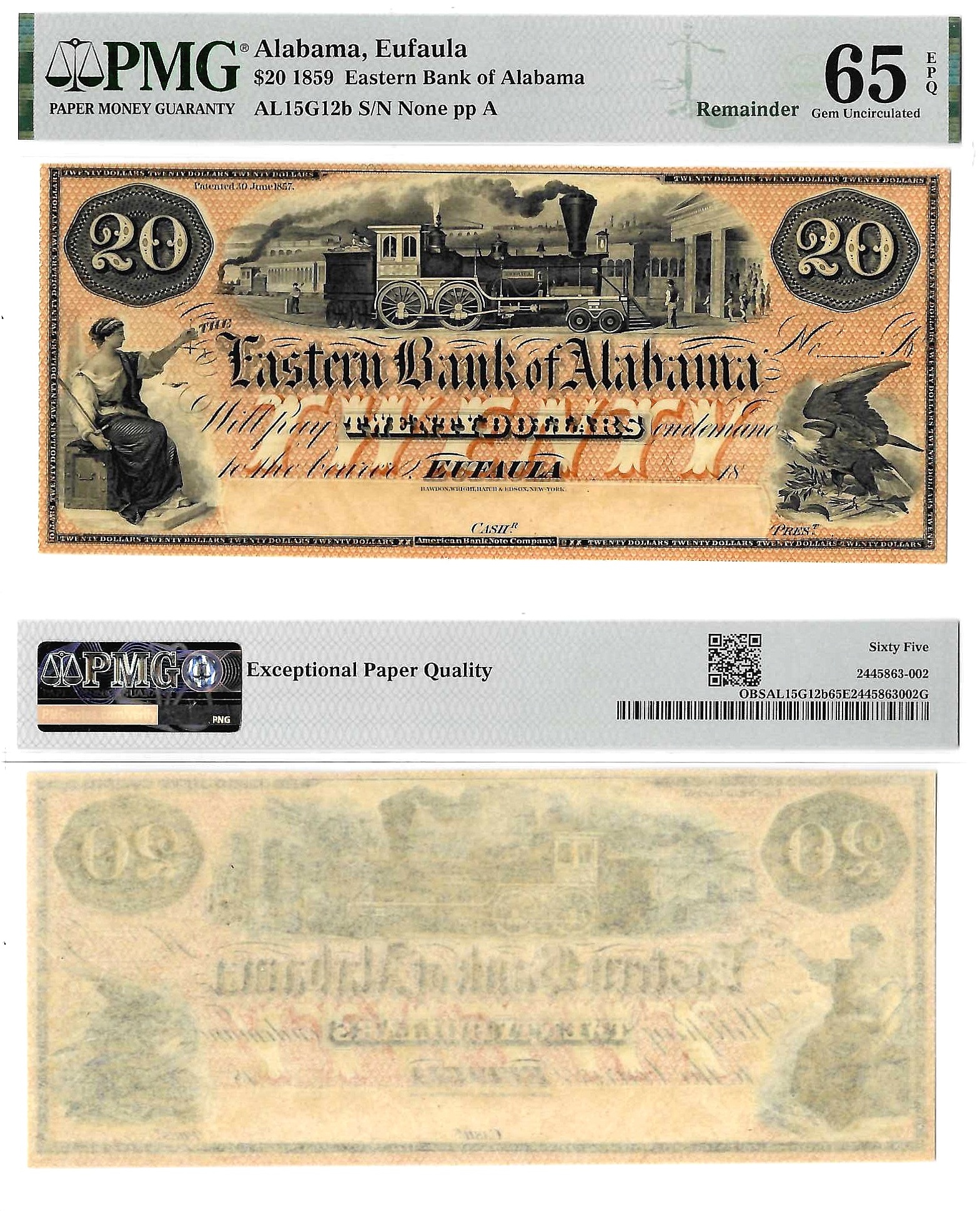 1859 $20 Obsolete Eastern Bank of Alabama Eufaula, Alabama PMG 65-EPQ
