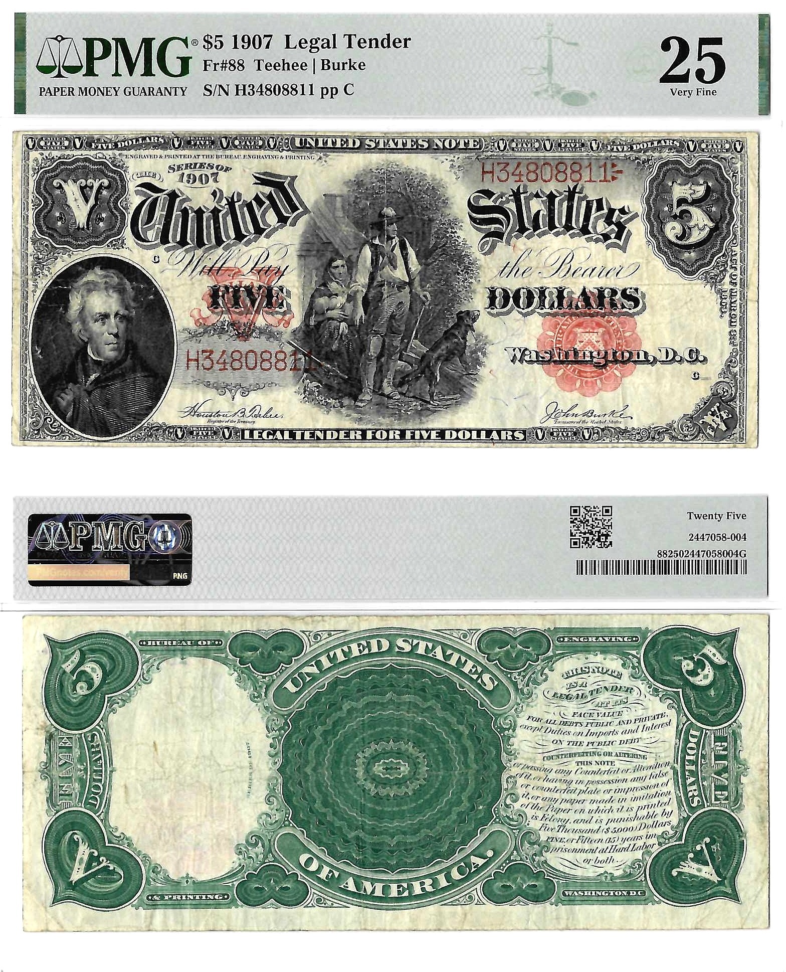 1907 $5 Legal Tender Note Fr-88 PMG VF-25