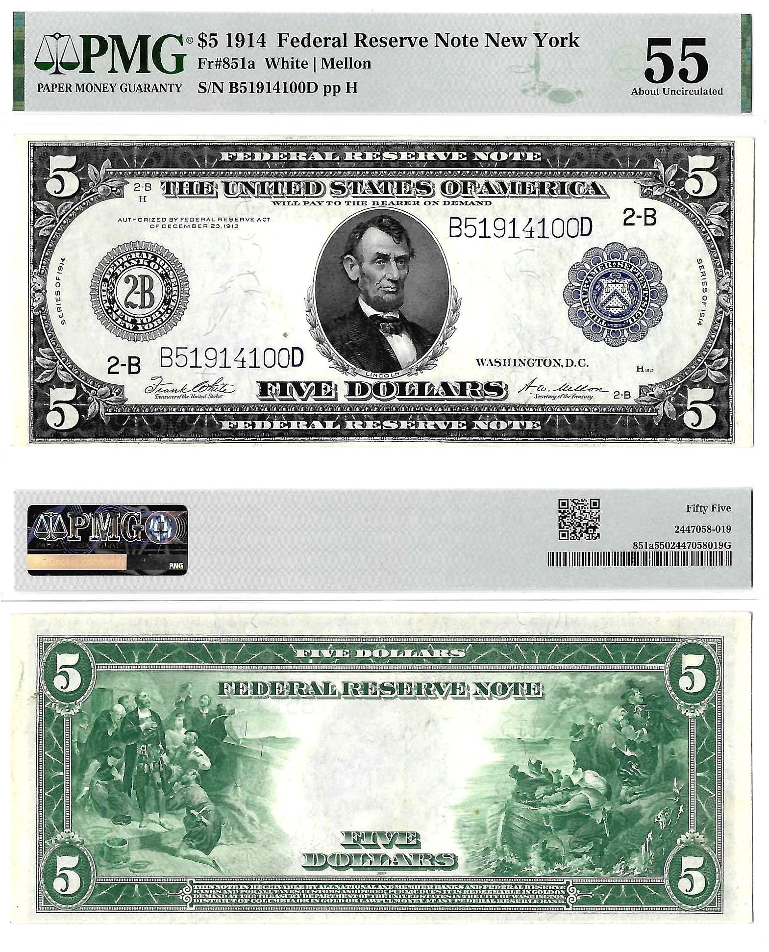 1914 $5 Federal Reserve Note Fr-851a PMG AU-55