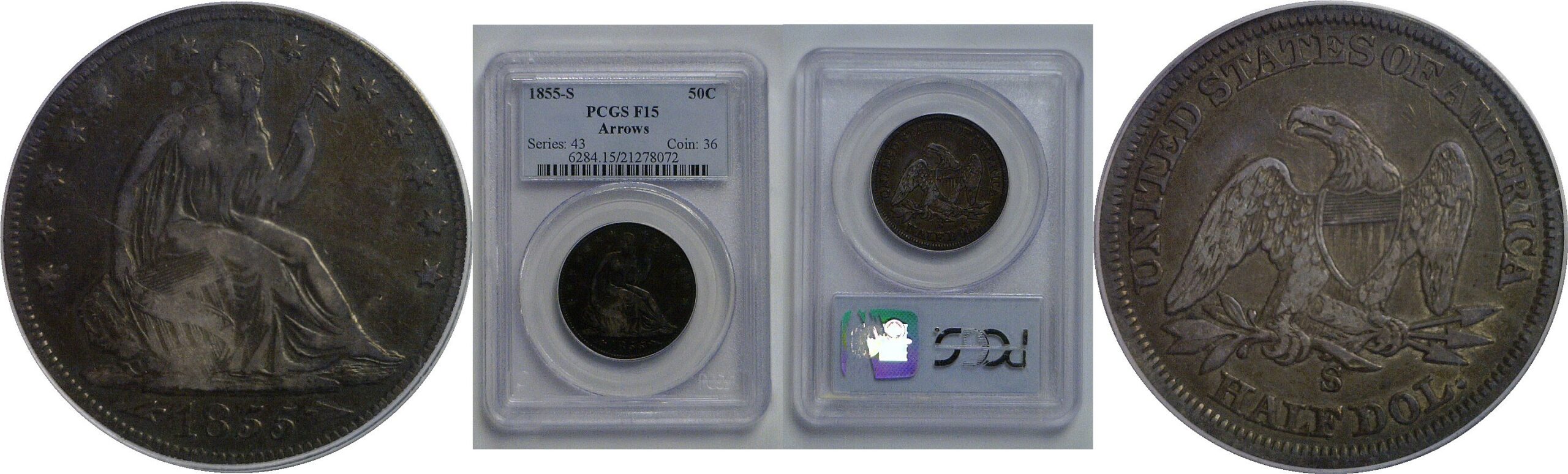 1855-S Seated Liberty Half Dollar    PCGS F-15