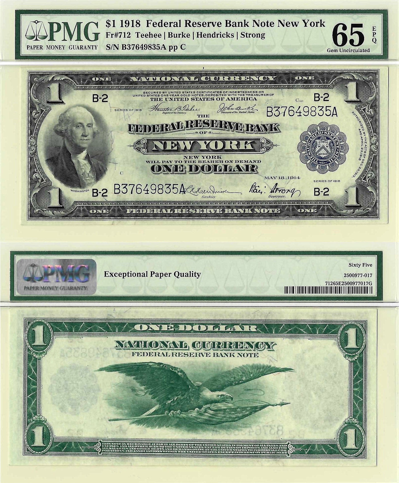 1918 $1 Federal Reserve Bank Note Fr-712 PMG Gem CU-65 EPQ