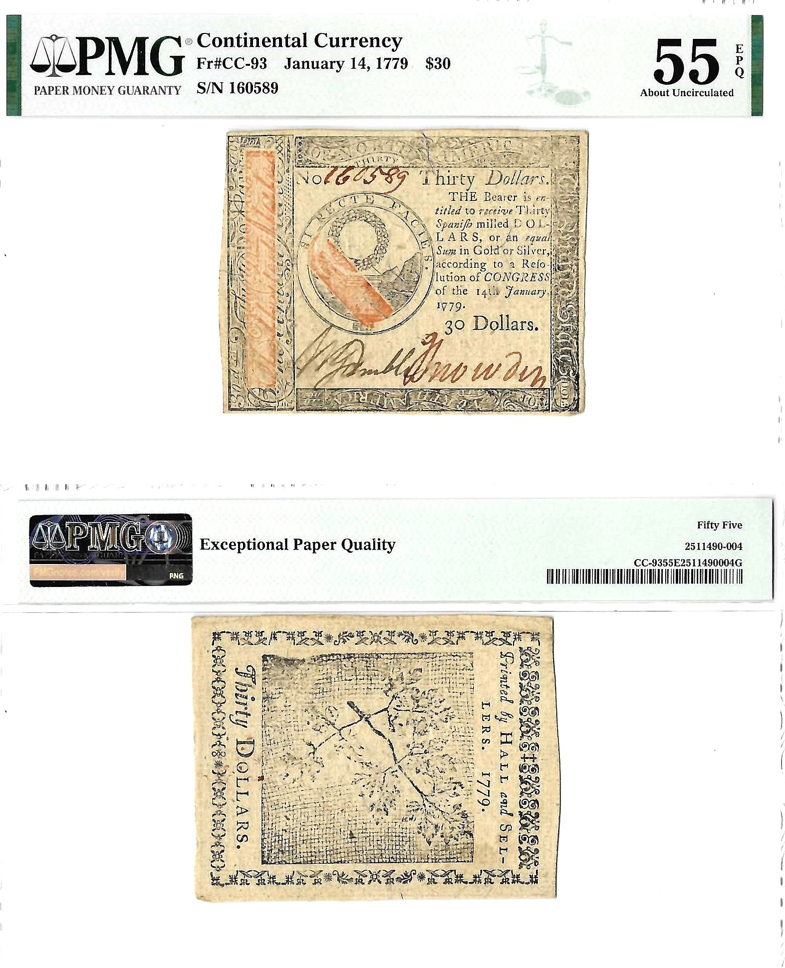 January 14, 1779 Thirty Dollars Continental Currency Fr CC-93 PMG AU-55 EPQ