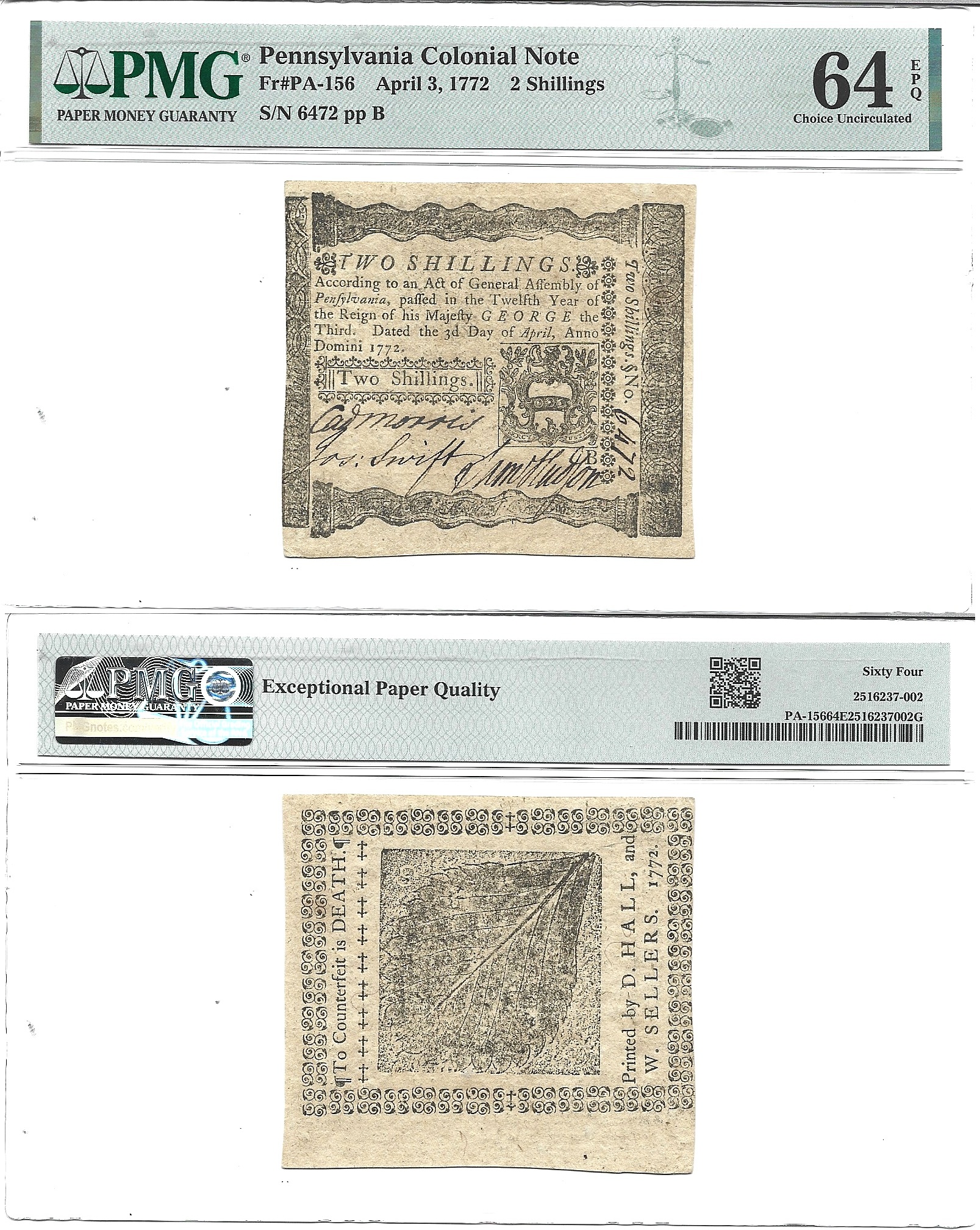 April 3, 1772 Two Shillings Pennsylvania Colonial Fr PA-156 PMG Choice CU-64 EPQ