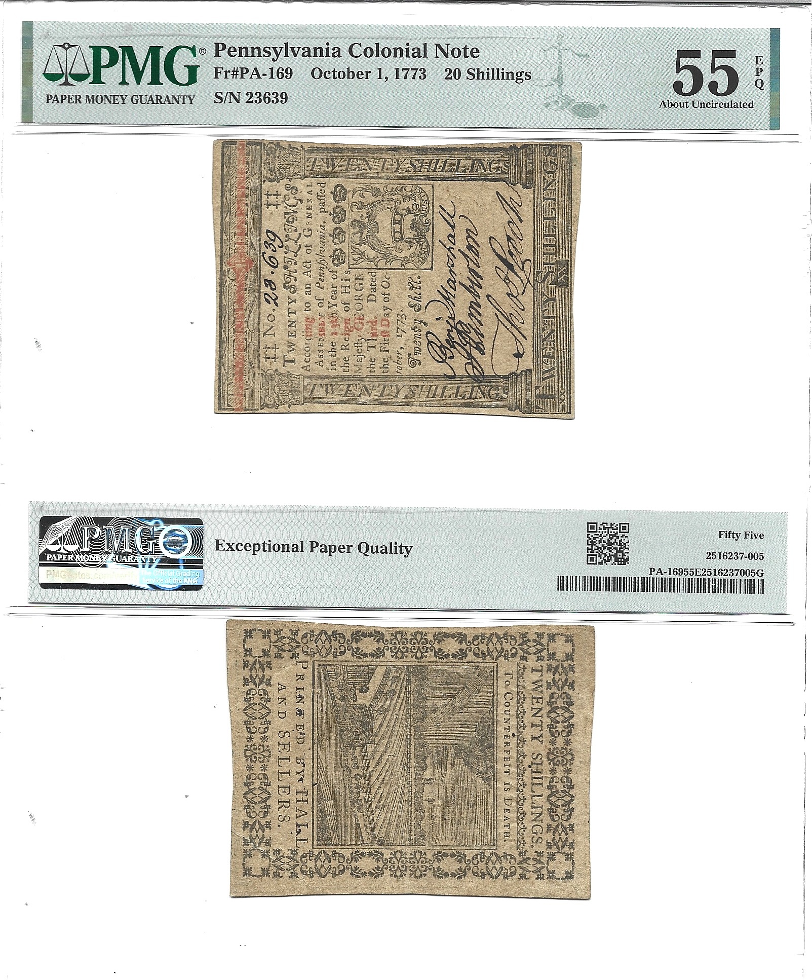 October 1, 1773 Twenty Shillings Pennsylvania Colonial Fr PA-169 PMG AU-55 EPQ