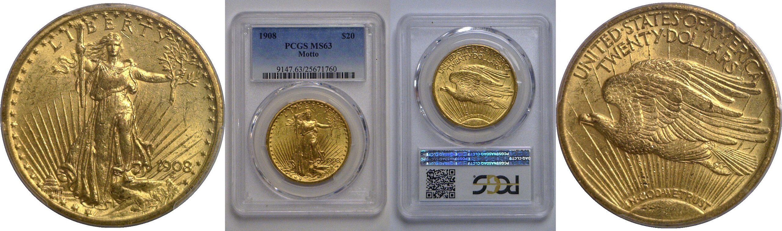 1908 Motto   $20 St. Gaudens   PCGS MS-63