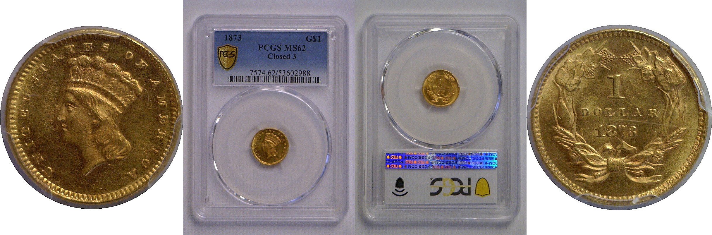 1873 Closed 3   One Dollar Gold Coin   PCGS MS-62