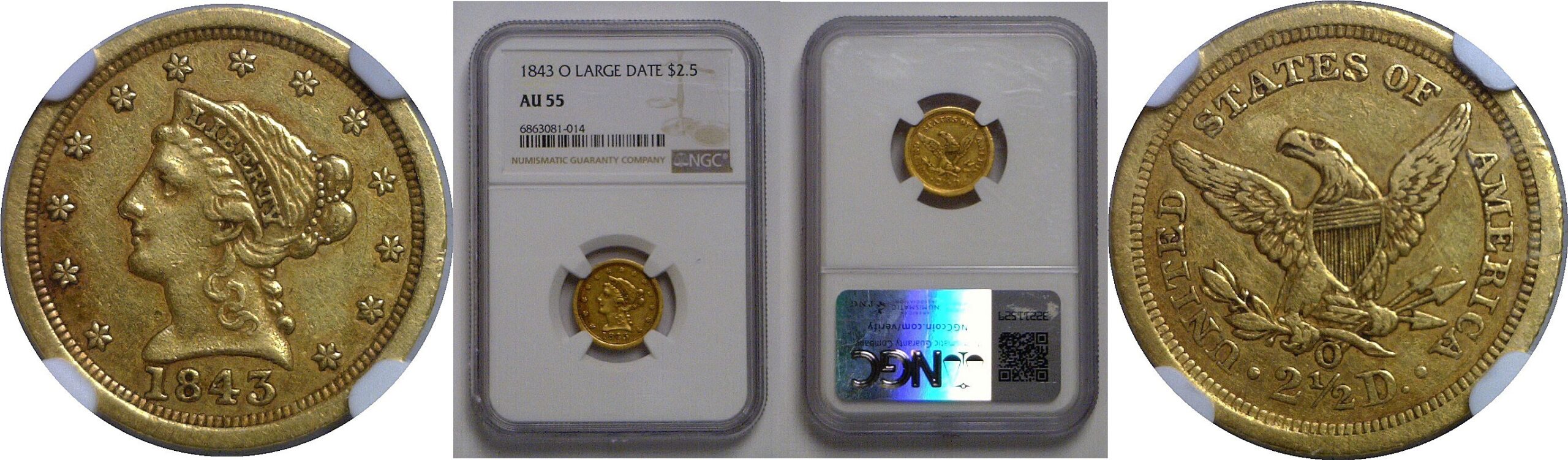 1843-O Large Date   $2 1/2 Liberty   NGC AU-55