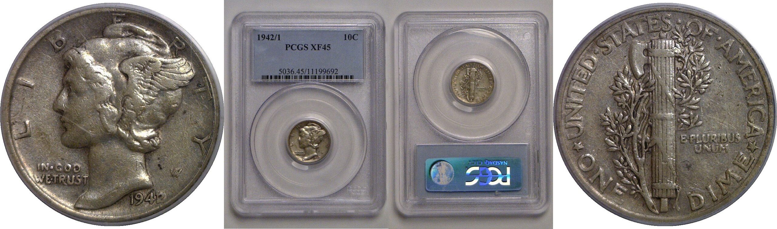 1942/1 Mercury Dime   PCGS XF-45