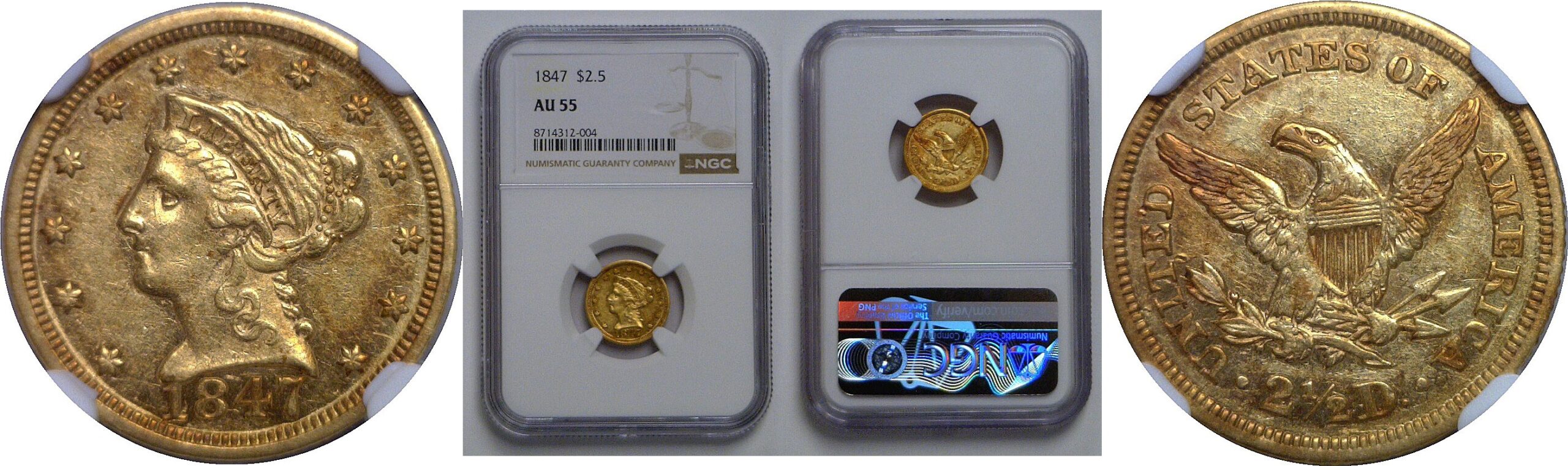 1847 $2 1/2 Liberty   NGC AU-55