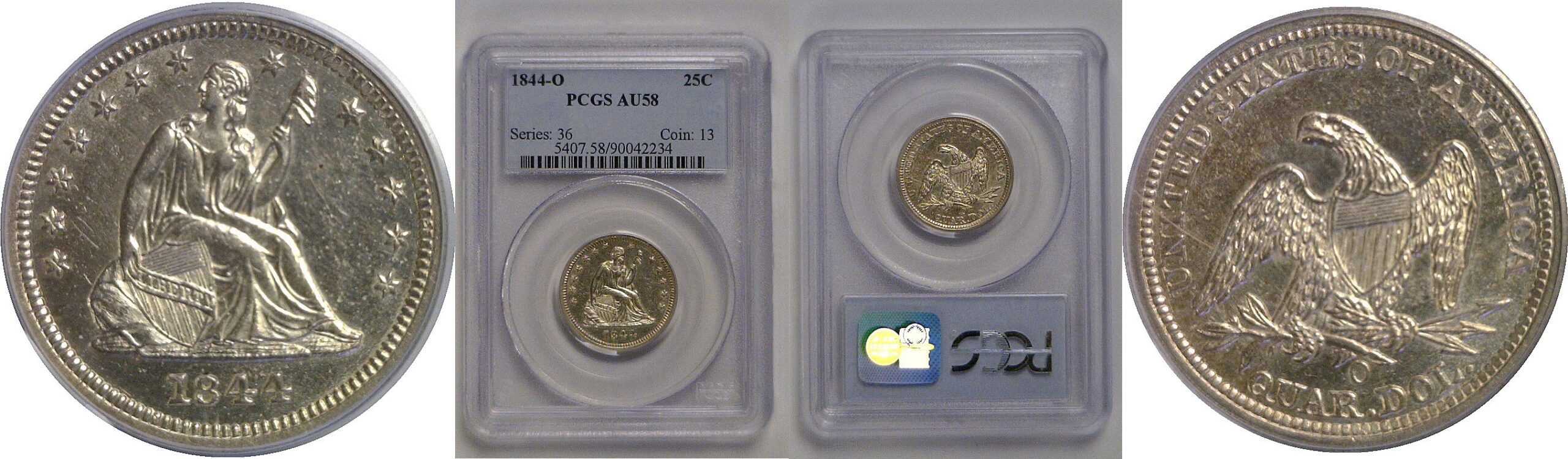 1844-O Seated Liberty Quarter    PCGS AU-58