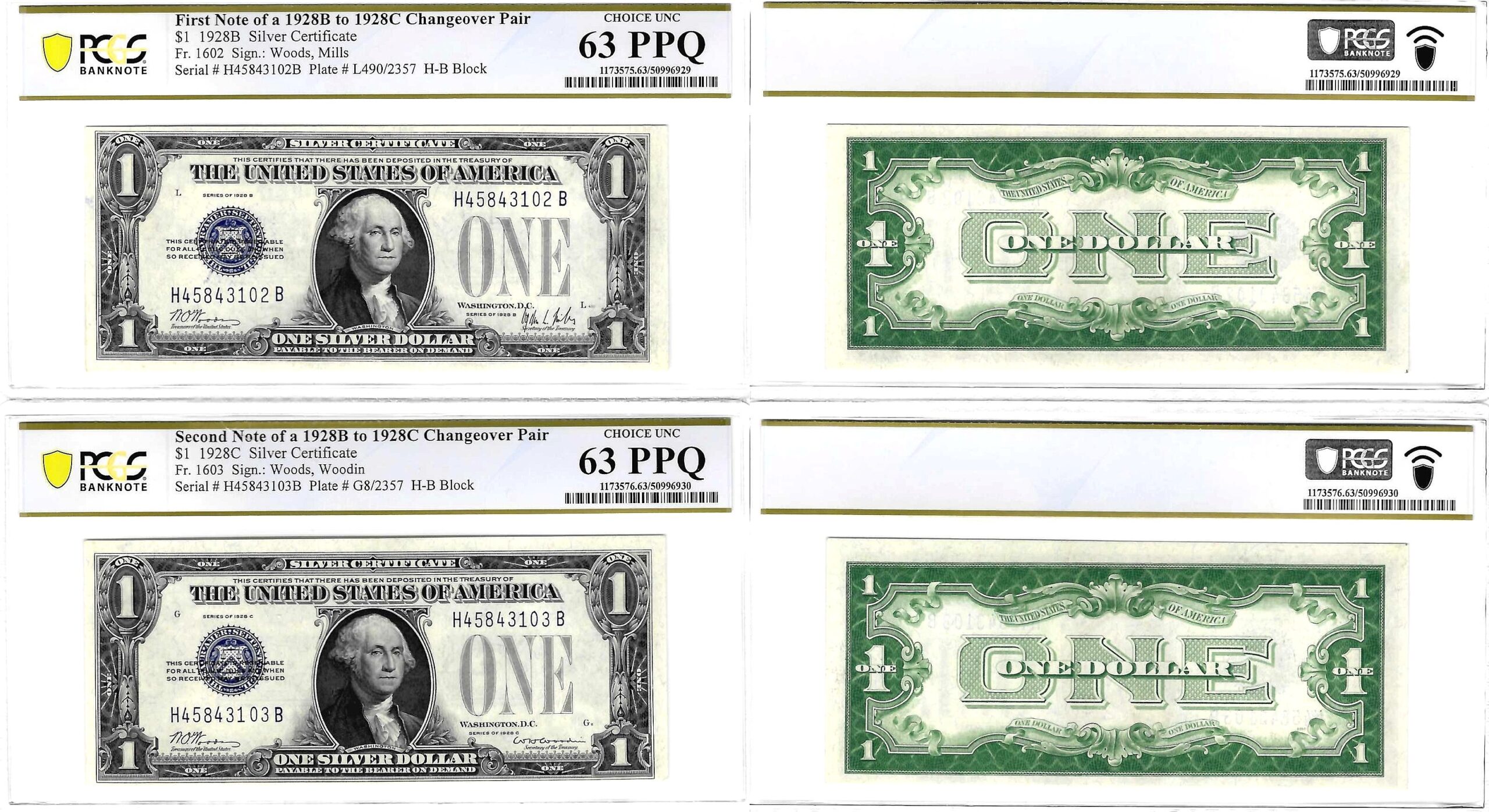 1928-B/1928-C  $1 Silver Certificate Fr-1602/1603 Changeover Pair PCGS Choice CU-63 EPQ