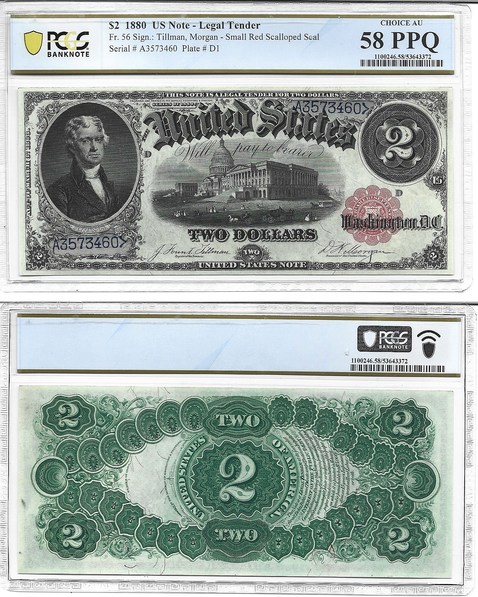 1880 $2 Legal Tender Note Fr 56 PCGS Choice AU-58 PPQ
