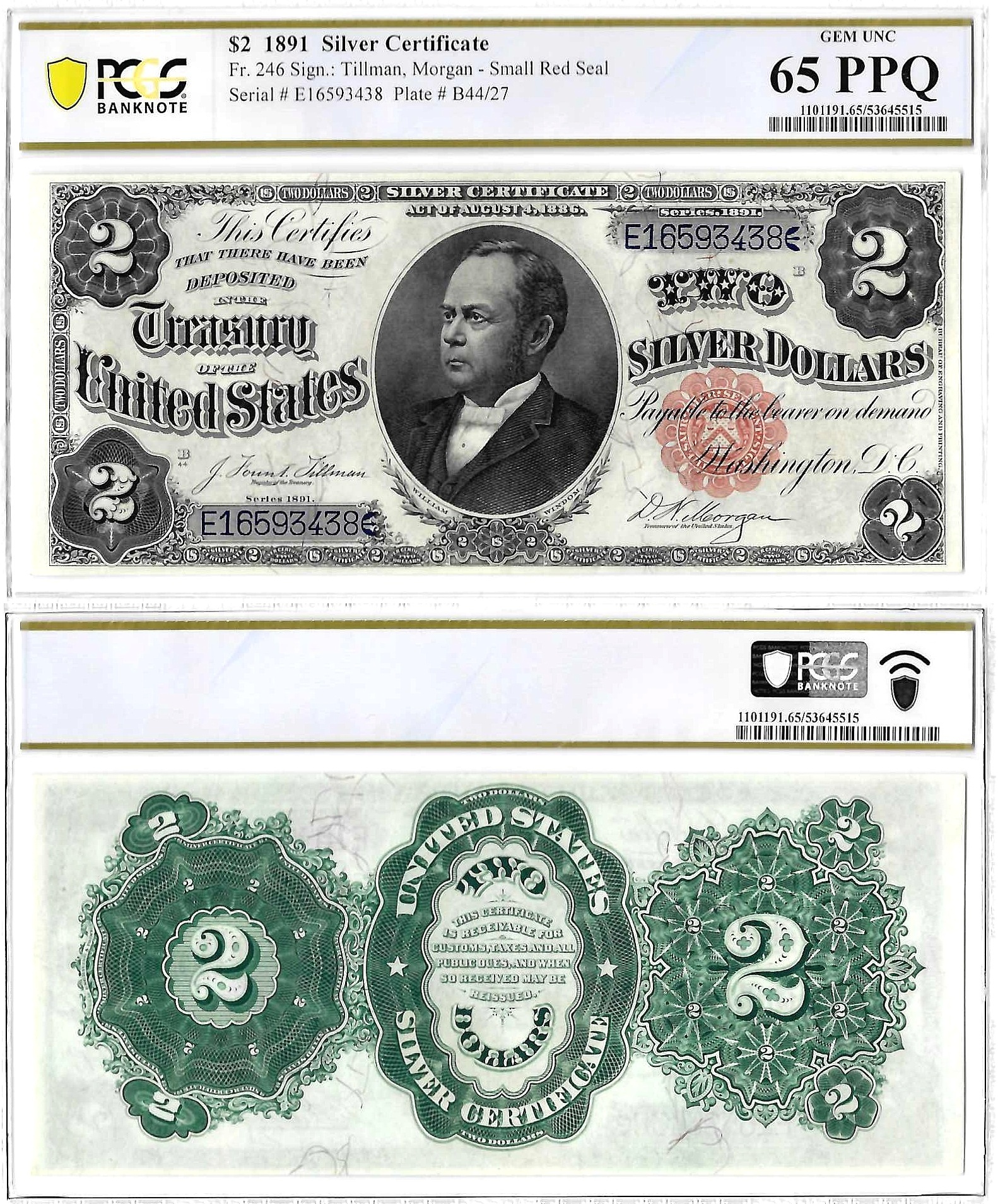 1891 $2 Silver Certificate Fr-246 PCGS Gem CU-65 PPQ