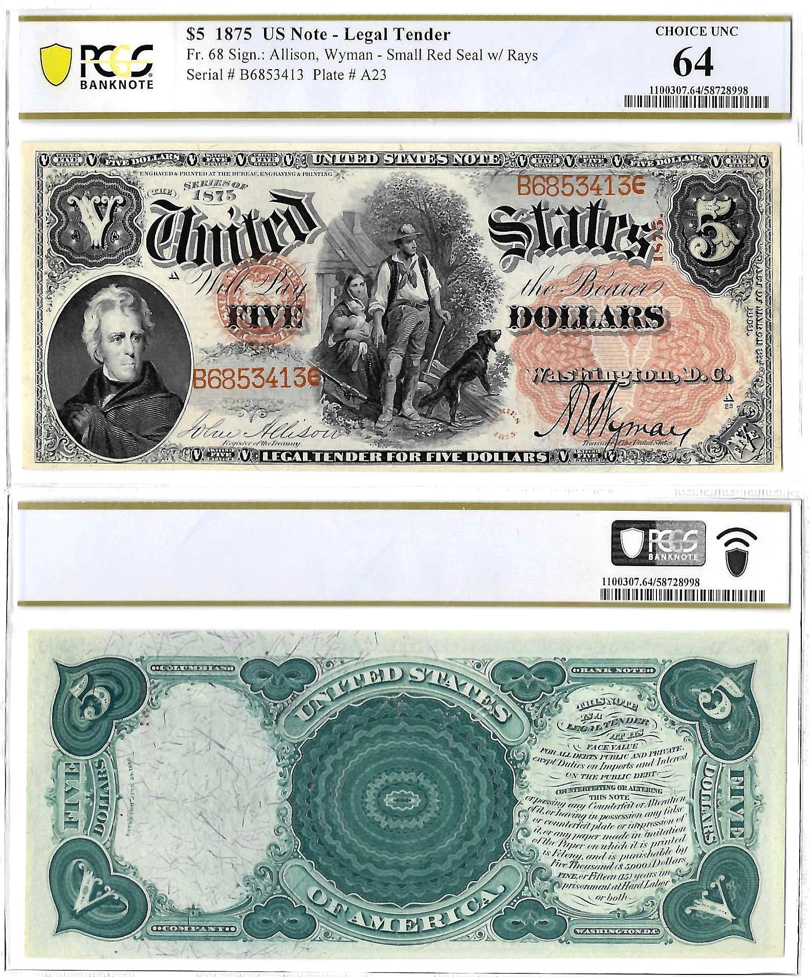 1875 $5 Legal Tender Note Fr-68 PCGS Choice CU-64