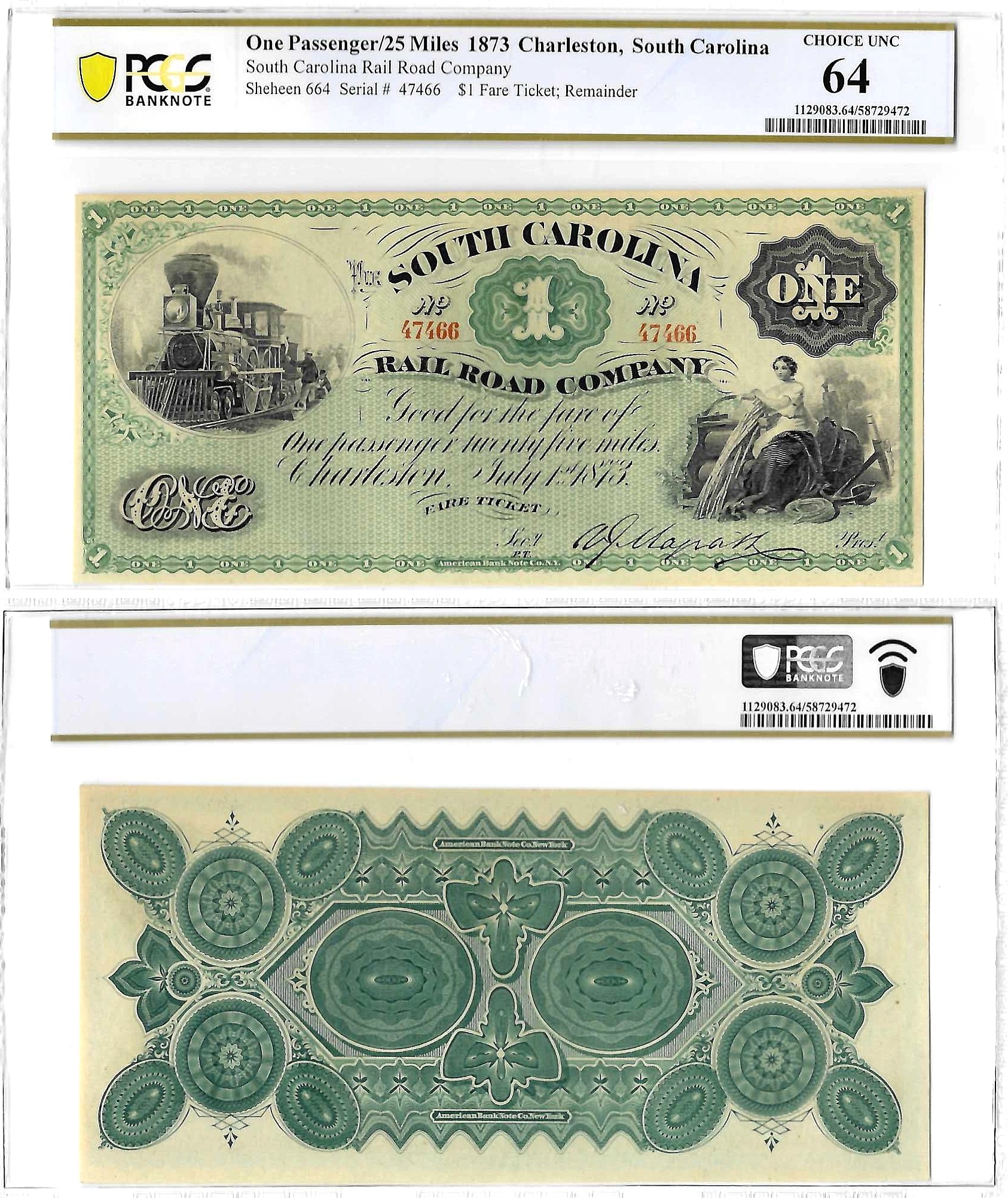 1873 South Carolina Rail Road Company $1 Fare Ticket PCGS Choice CU-64