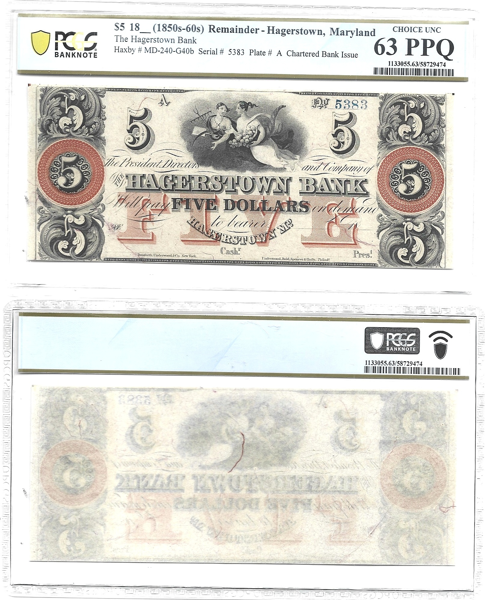 1850’s-60's $5 Obsolete Hagerstown, Maryland Remainder PCGS Choice CU-63 PPQ