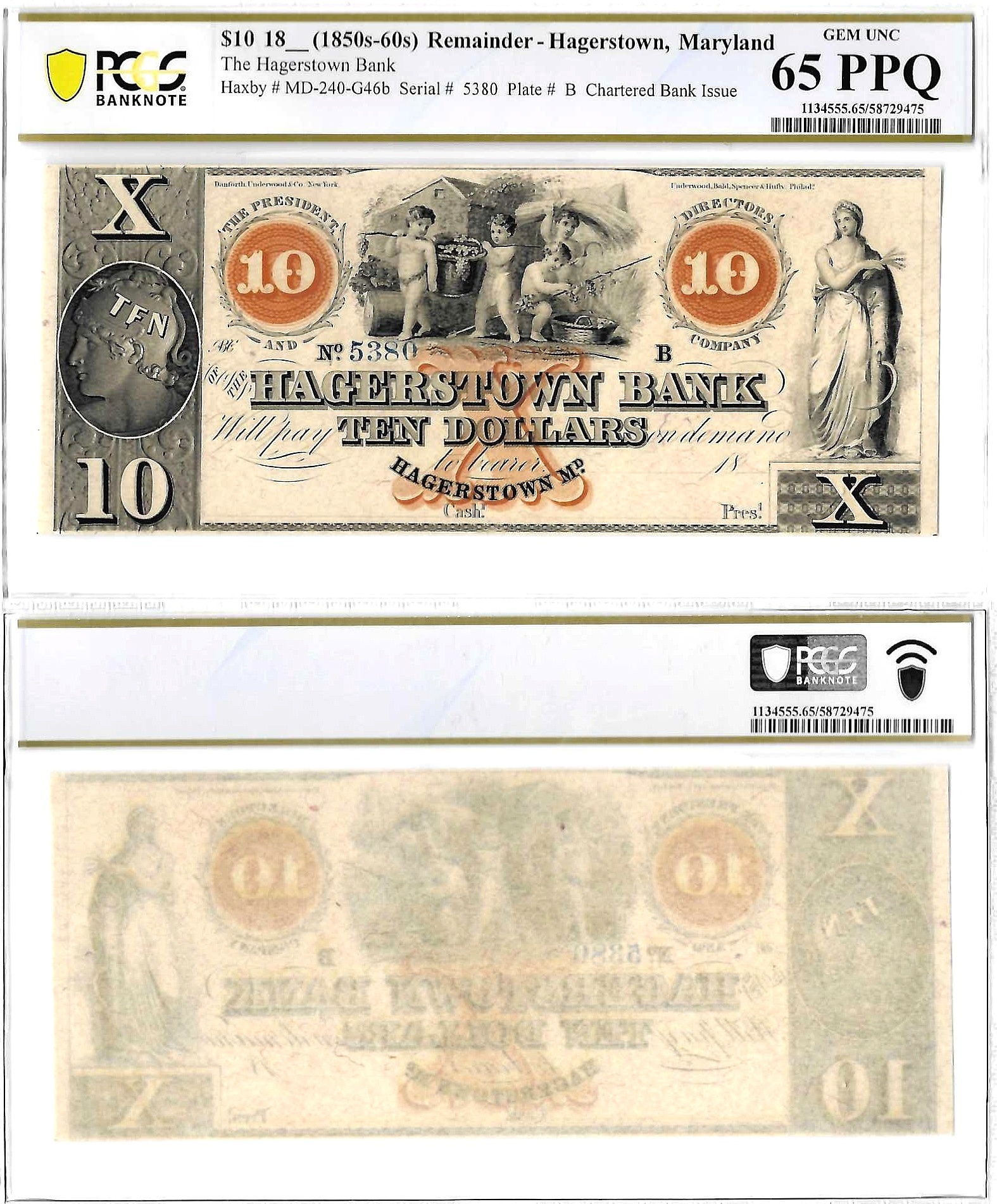 1850’s-60's $10 Obsolete Hagerstown, Maryland Remainder PCGS Gem CU-65 PPQ
