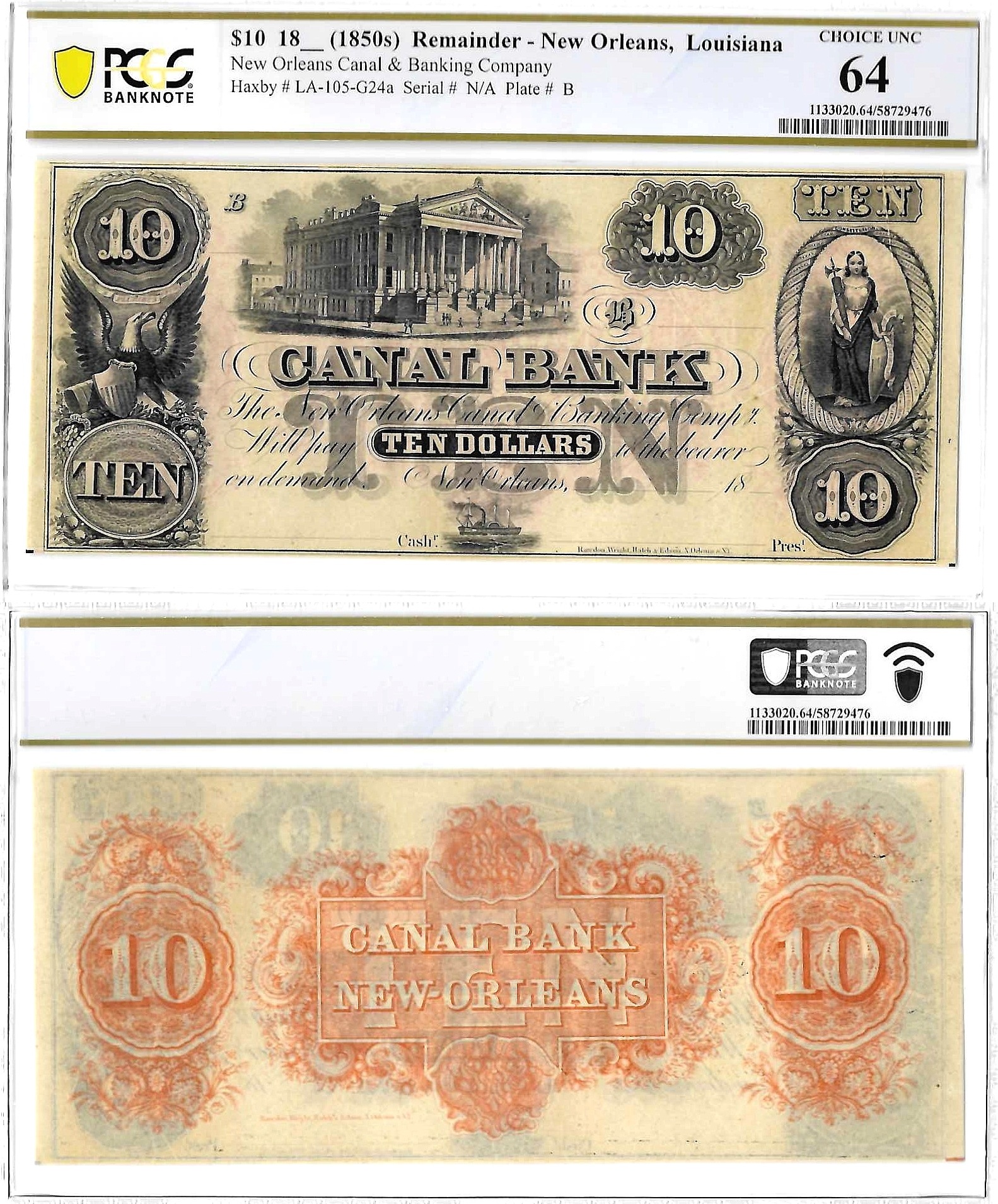 1850’s $10 Obsolete New Orleans, Louisiana PCGS Choice CU-64