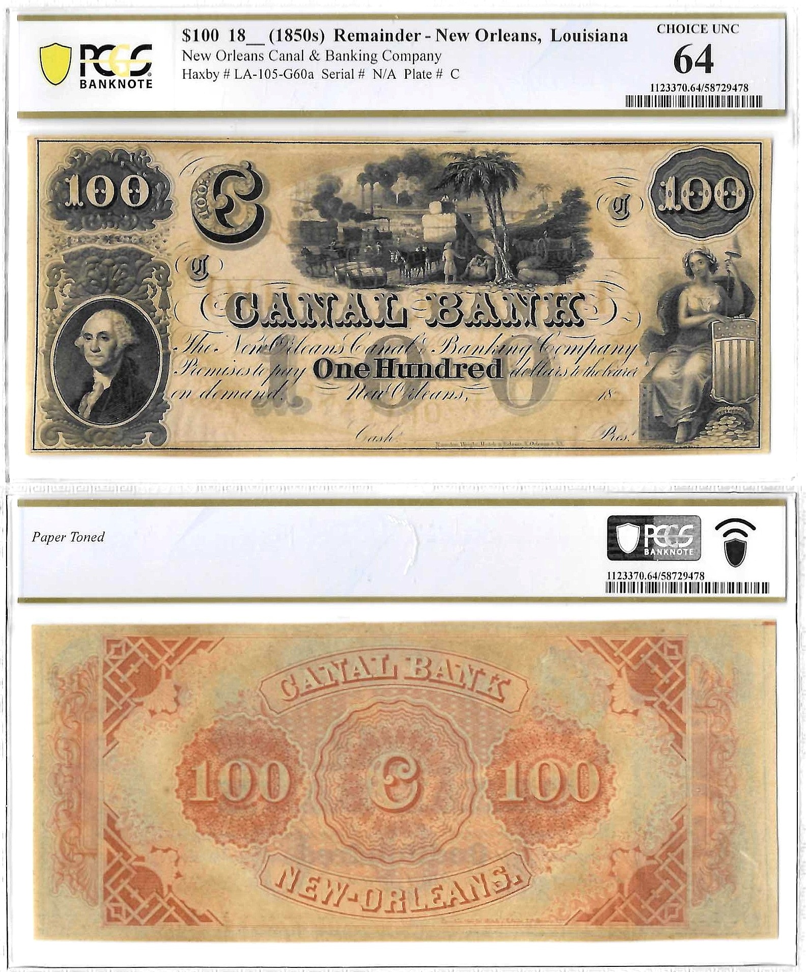 1850’s $100 Obsolete New Orleans, Louisiana PCGS Choice CU-64