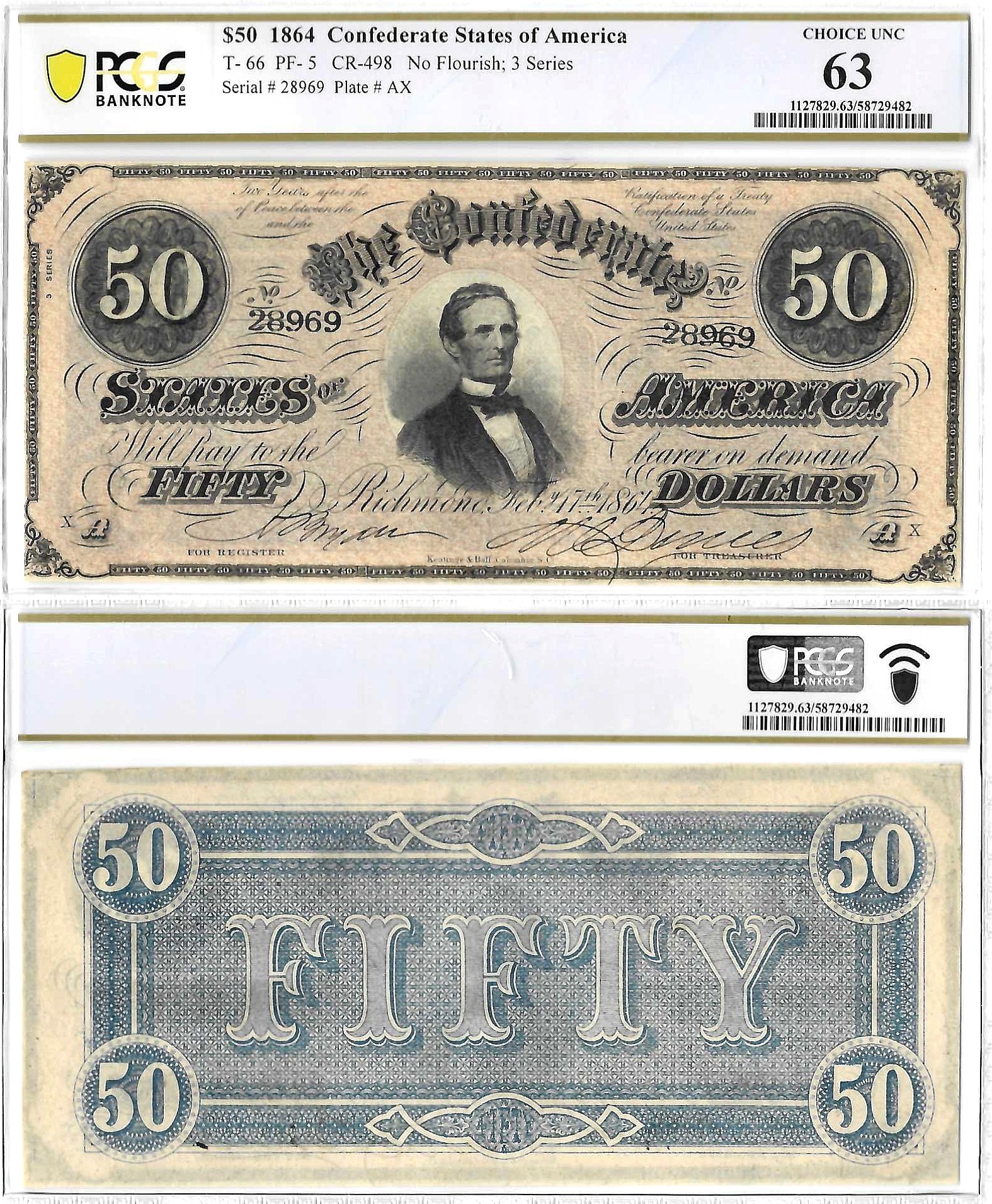 1864 $50 Confederate Note T-66 PCGS Choice CU-63