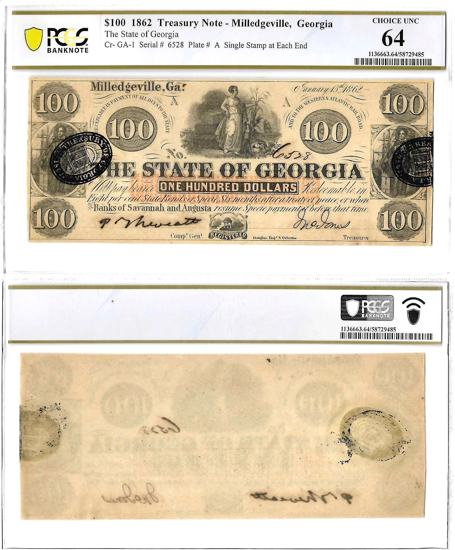 1862 $100 Obsolete Treasury Note Milledgeville, Georgia PCGS Choice CU-64