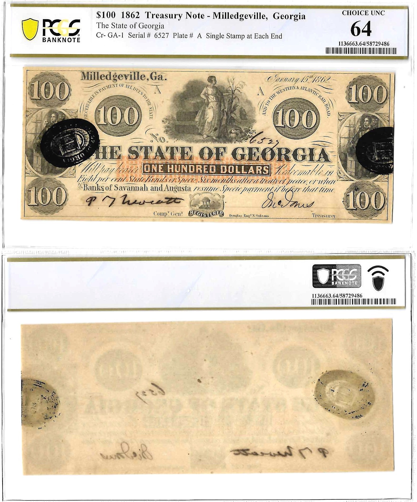 1862 $100 Obsolete Treasury Note Milledgeville, Georgia PCGS Choice CU-64