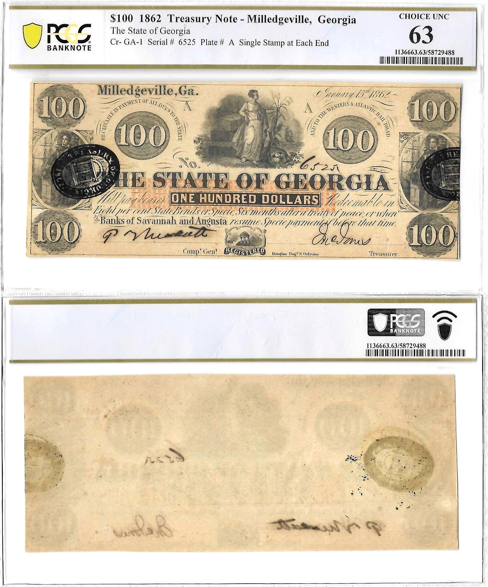 1862 $100 Obsolete Treasury Note Milledgeville, Georgia PCGS Choice CU-63
