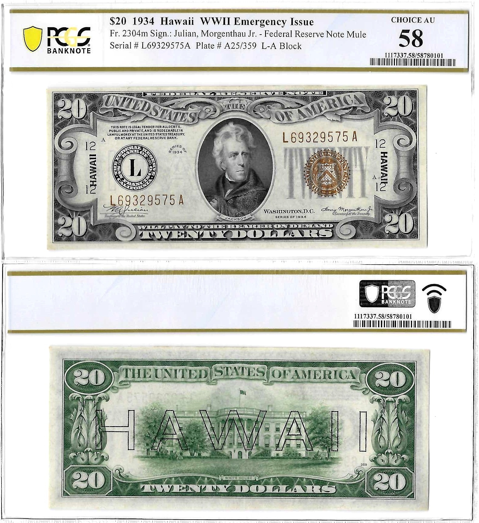 1934 $20 Hawaii Mule Fr-2304m PCGS Choice AU-58