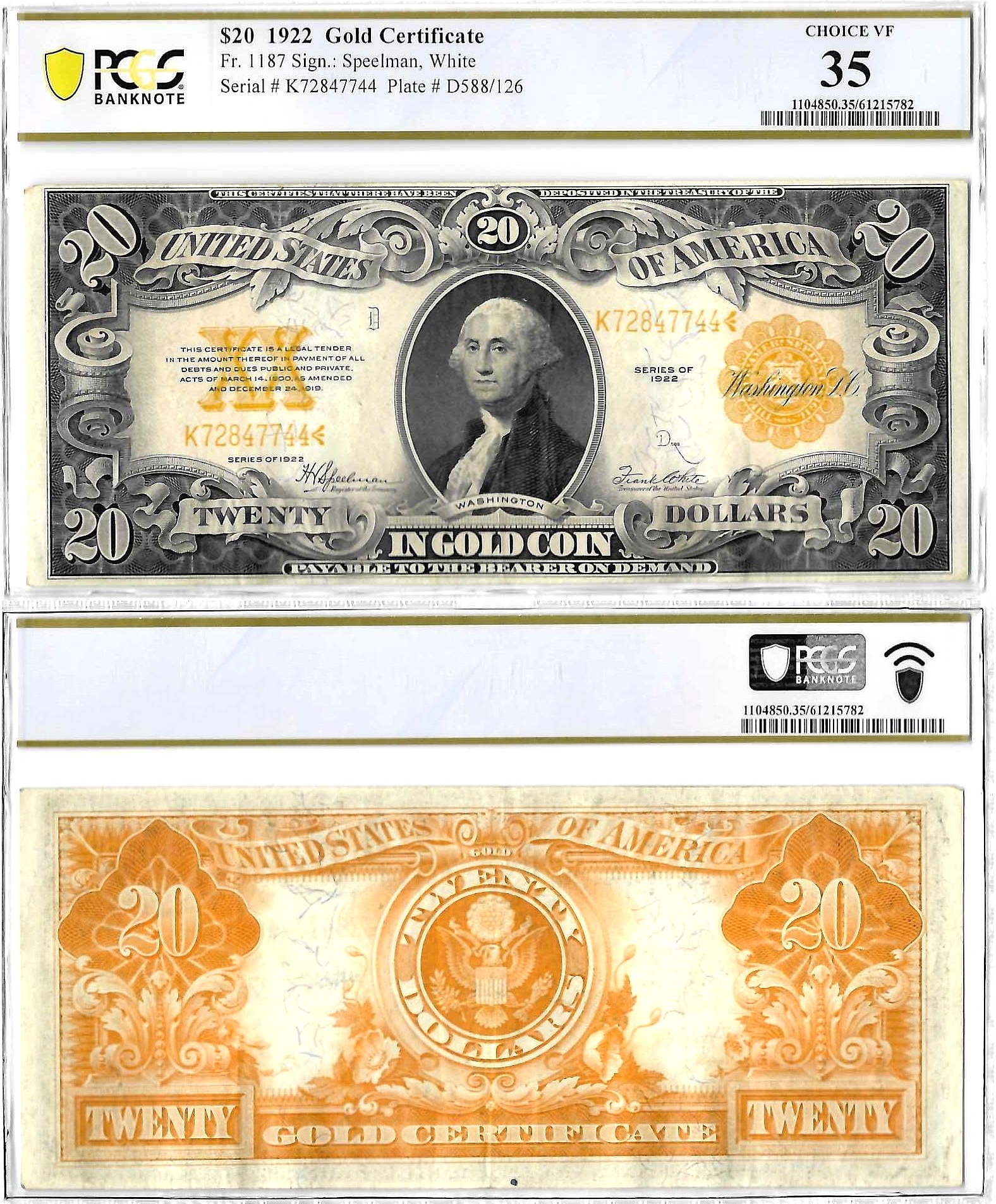 1922 $20 Gold Certificate Fr-1187 PCGS Choice VF-35