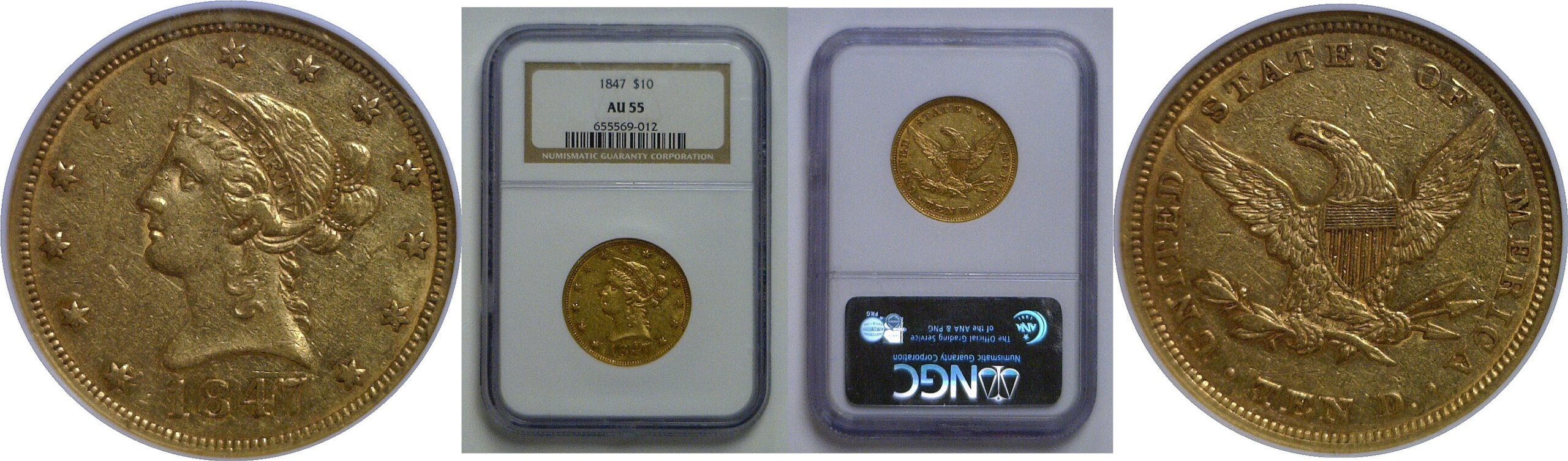 1847 $10 Liberty   NGC AU-55