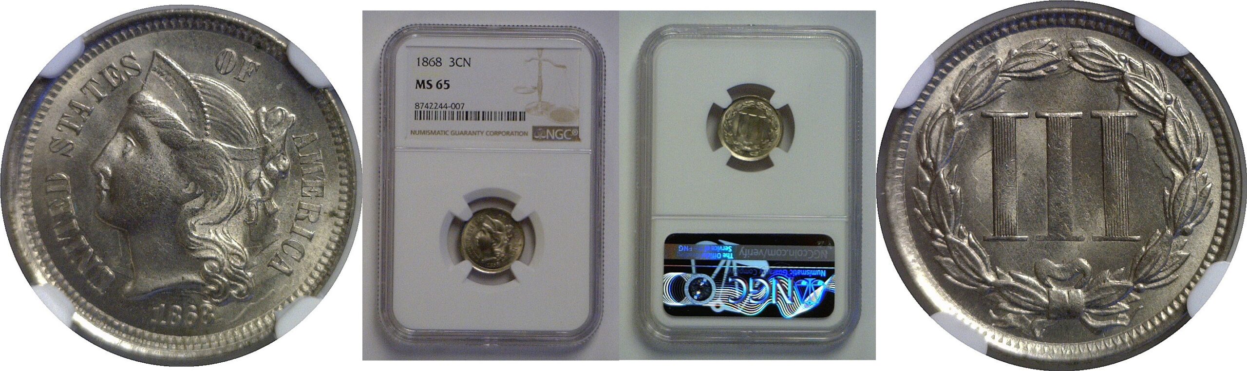 1868 Nickel Three Cent   NGC MS-65