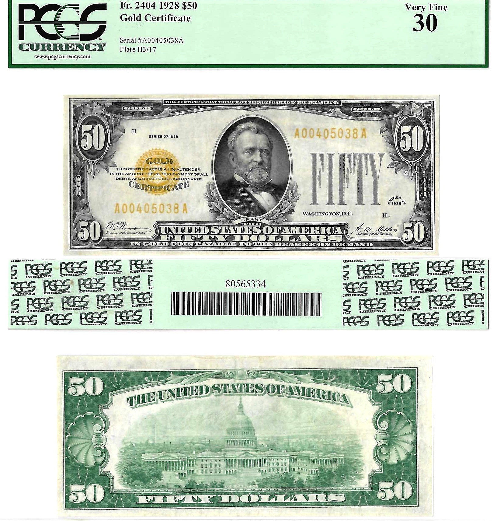 1928 $50 Gold Certificate Fr-2404 PCGS VF-30