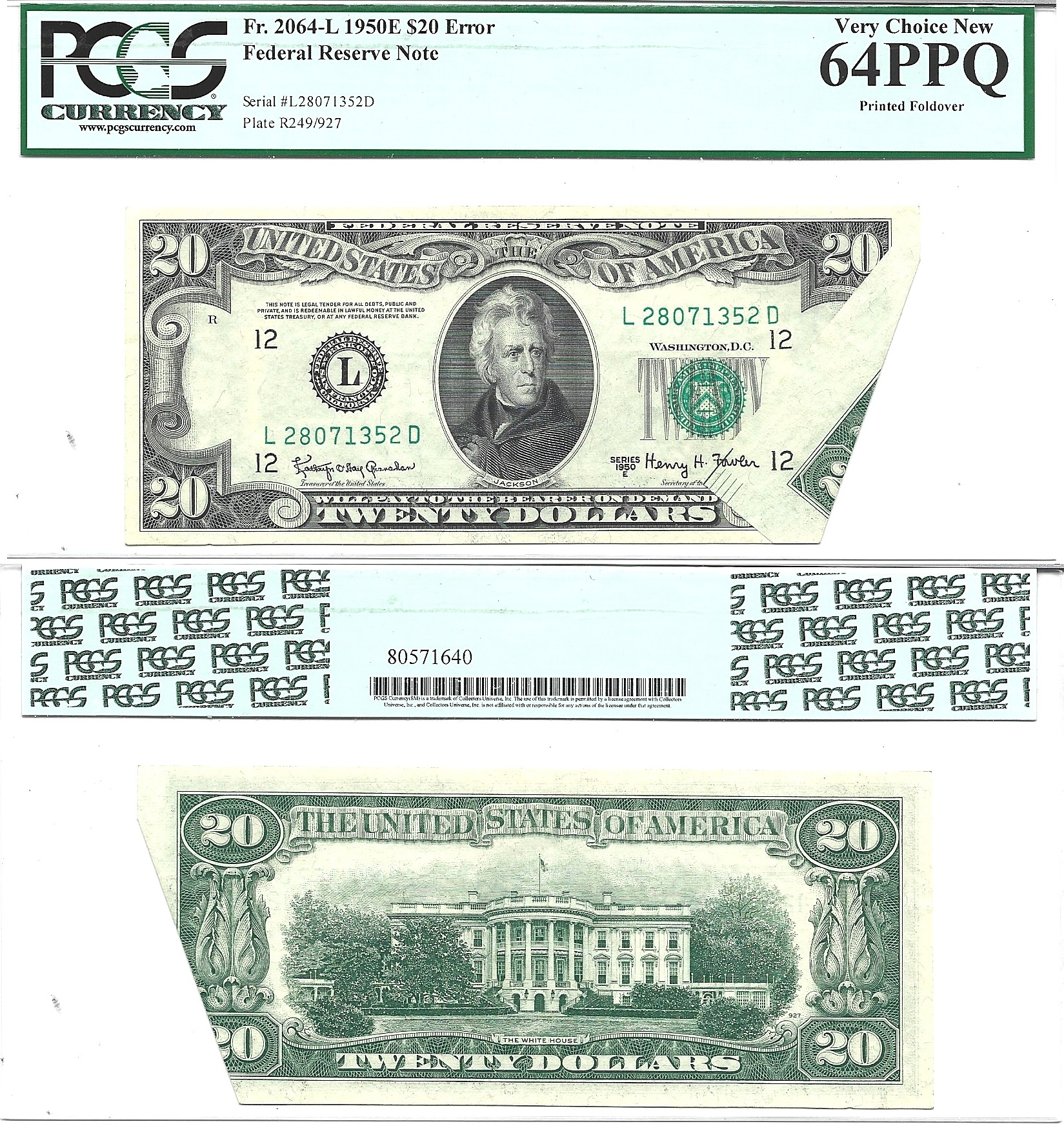 1950-E $20 Federal Reserve Note Printed Fold Over Error PCGS Choice CU-64 PPQ