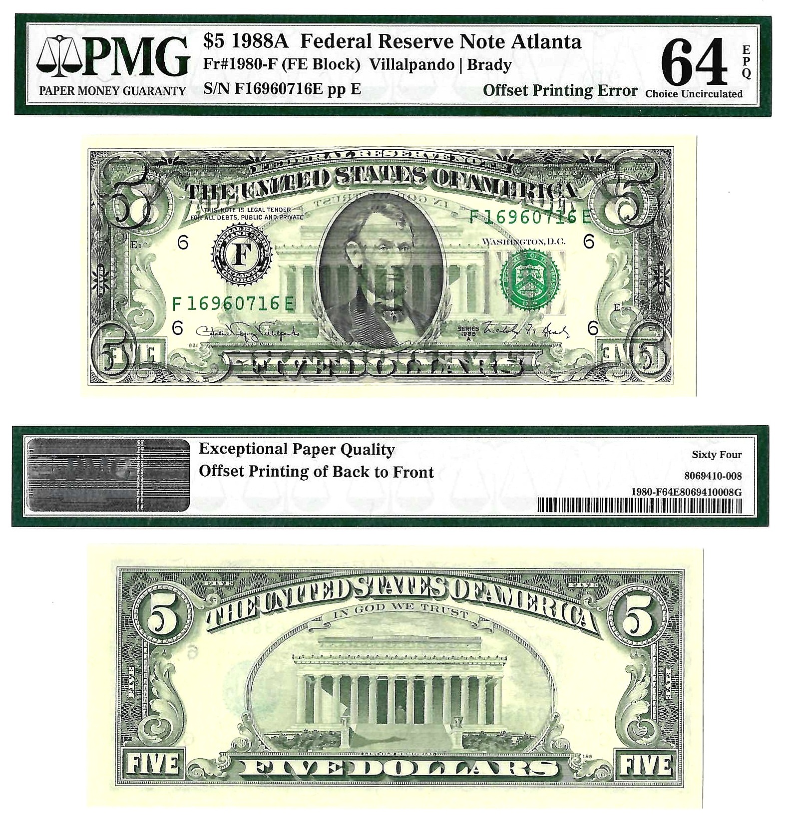 1988-A $5 Federal Reserve Note Offset Printing Error PMG Choice CU-64 EPQ