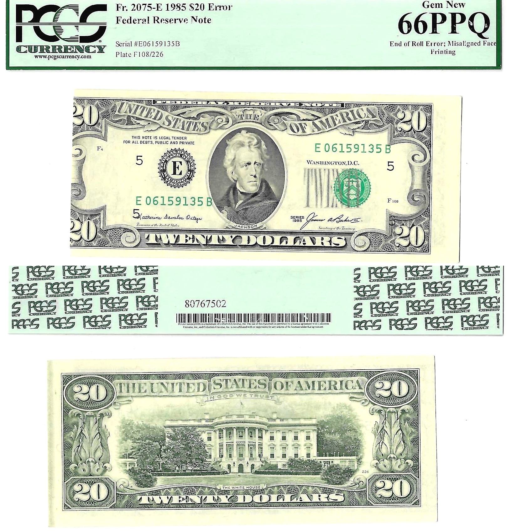 1985 $20 Federal Reserve Note End of Roll Error Misaligned Face Printing PCGS Gem CU-66 PPQ